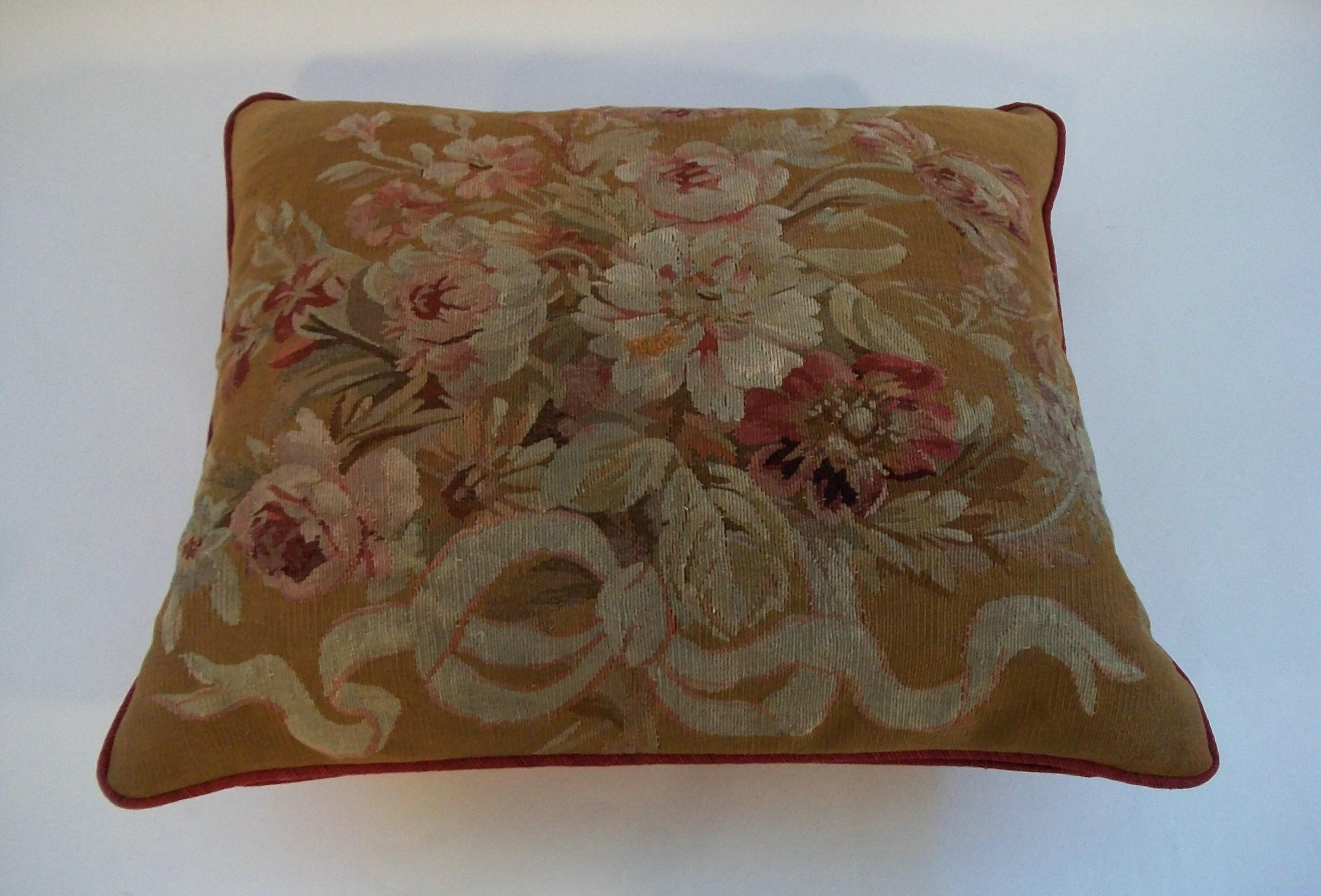Antique Aubusson Tapestry Pillow - Wool & Silk - France - Circa 1890 8