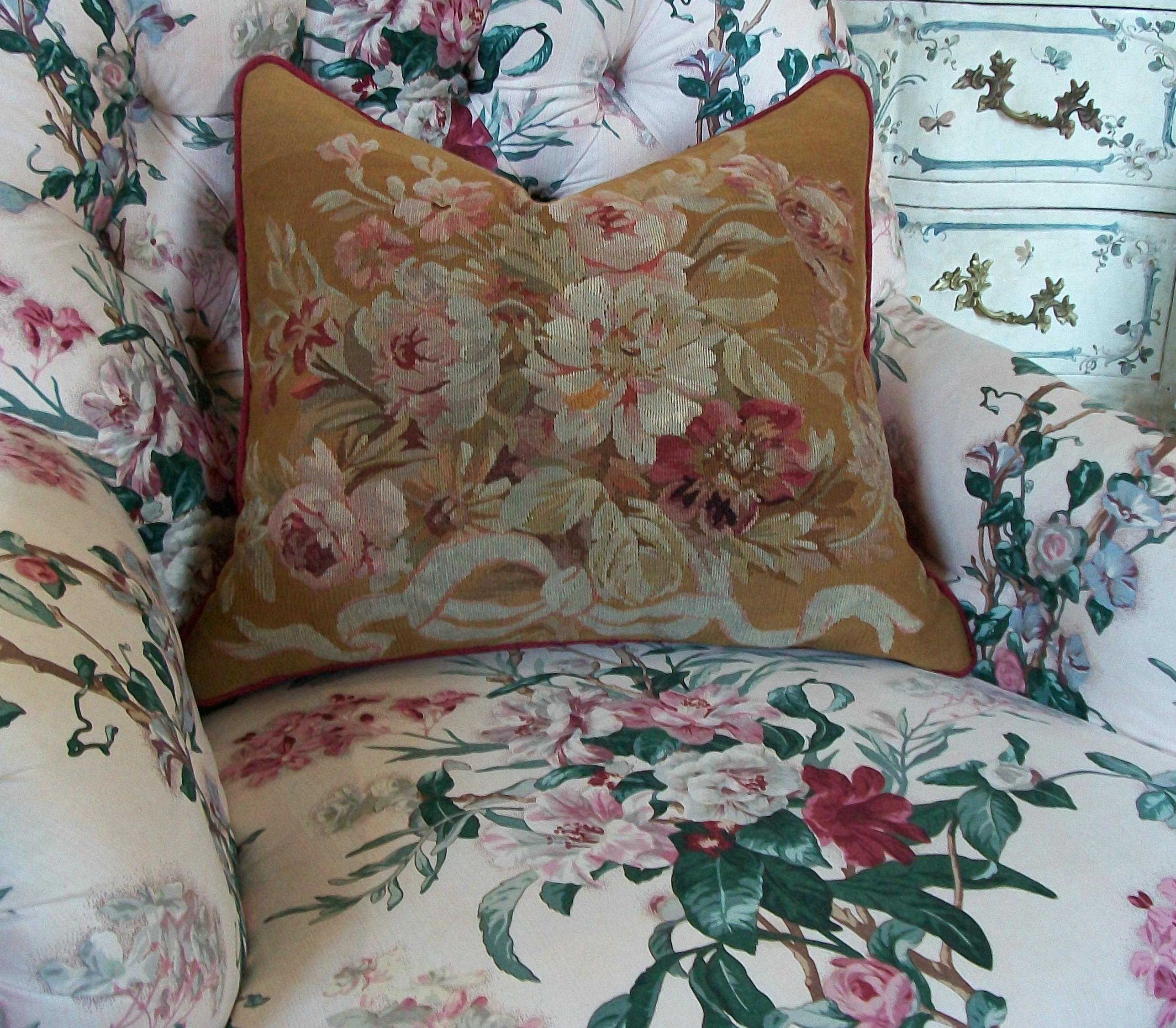 French Antique Aubusson Tapestry Pillow - Wool & Silk - France - Circa 1890 For Sale