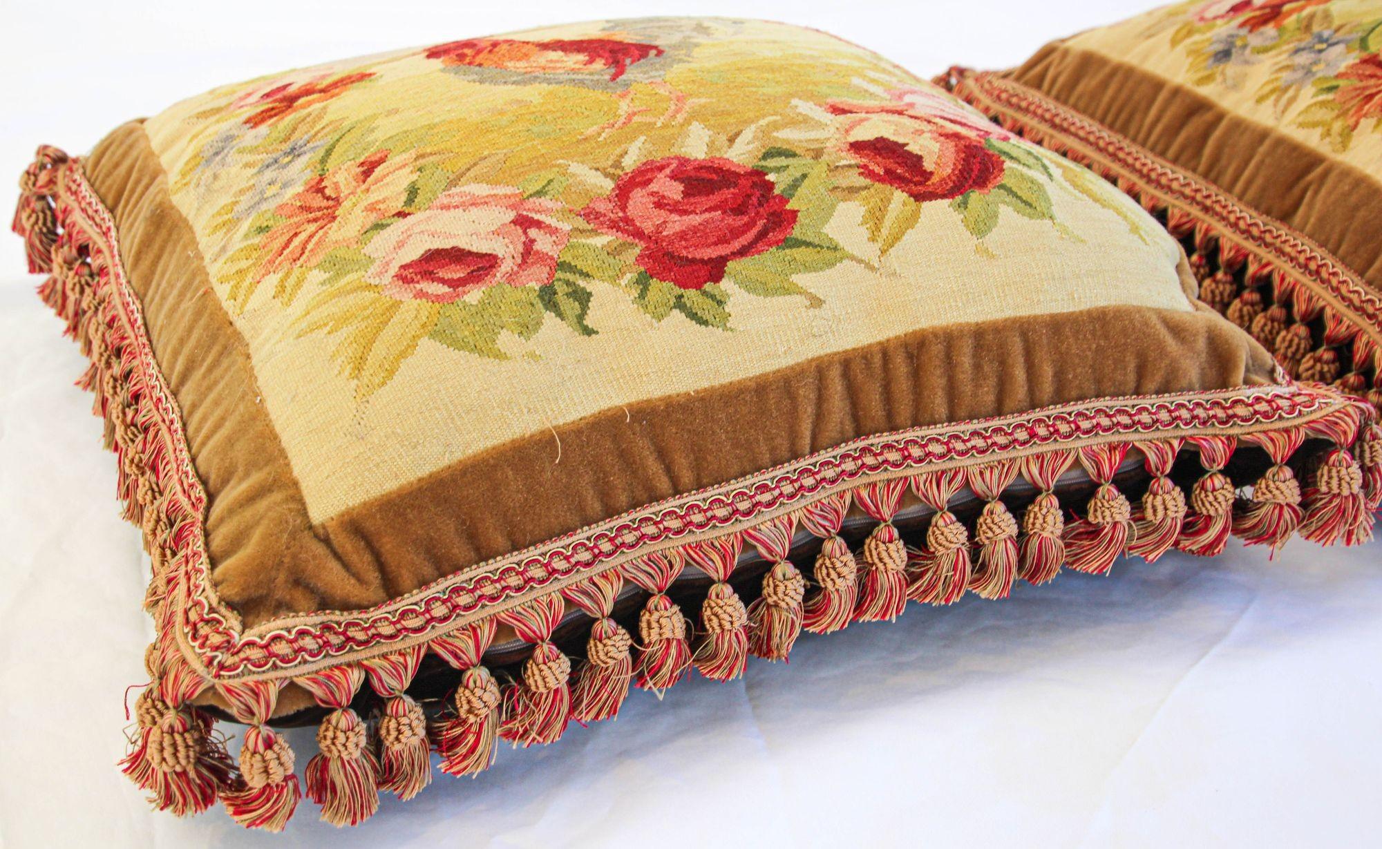 Antique Aubusson Tapestry Pillows with Rooster and Roses French Provincial 4