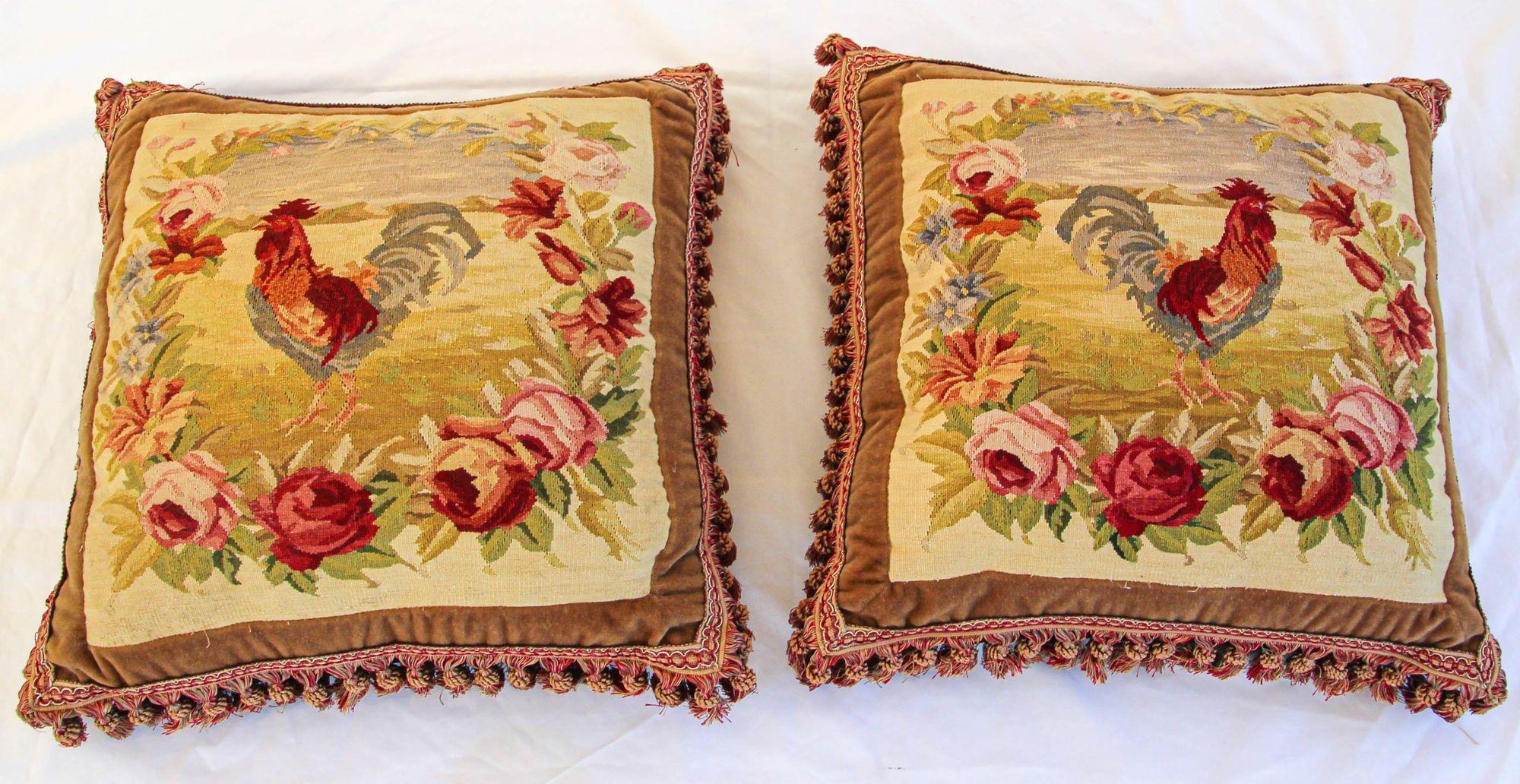 Antique Aubusson Tapestry Pillows with Rooster and Roses French Provincial 6