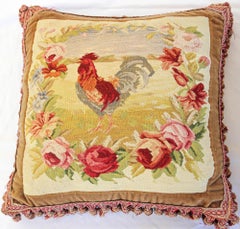 Antique Aubusson Tapestry Pillows with Rooster and Roses French Provincial
