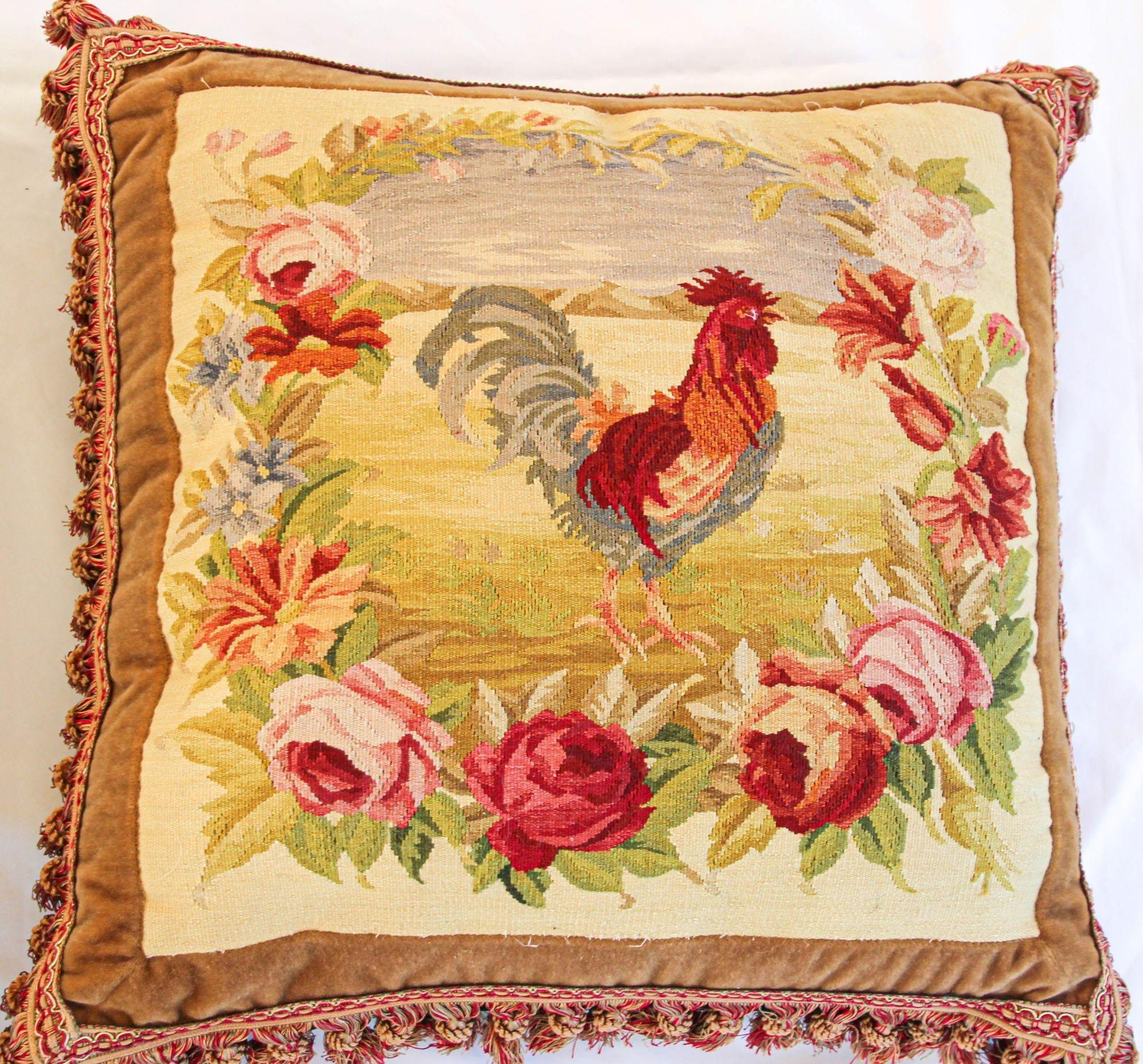 Hand-Crafted Antique Aubusson Tapestry Pillows with Rooster and Roses French Provincial