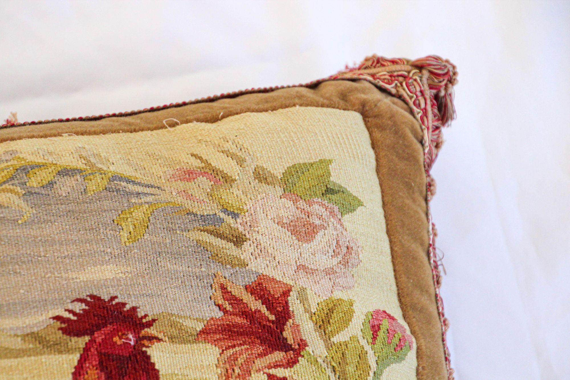 Antique Aubusson Tapestry Pillows with Rooster and Roses French Provincial 1