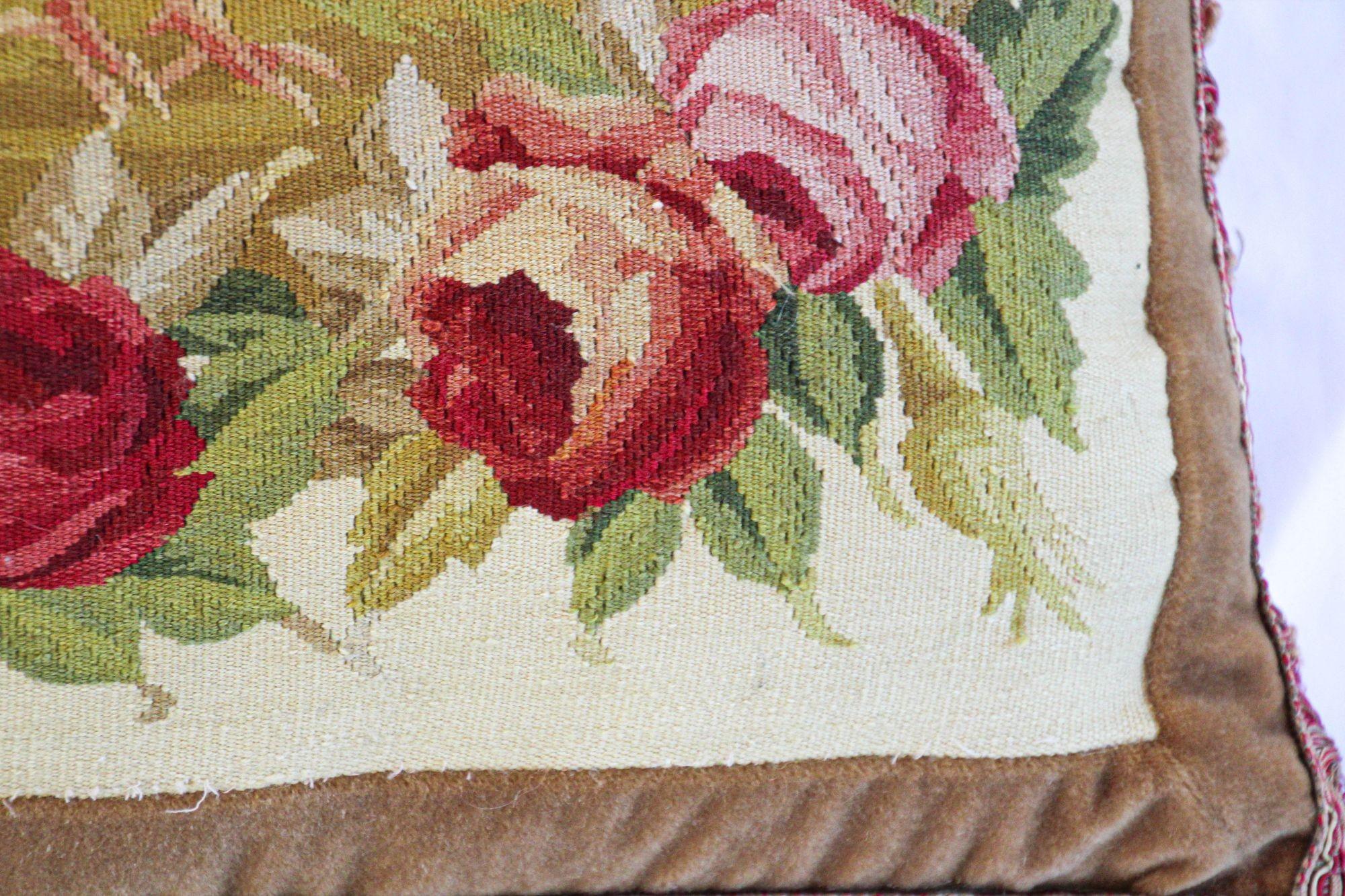 Antique Aubusson Tapestry Pillows with Rooster and Roses French Provincial 2