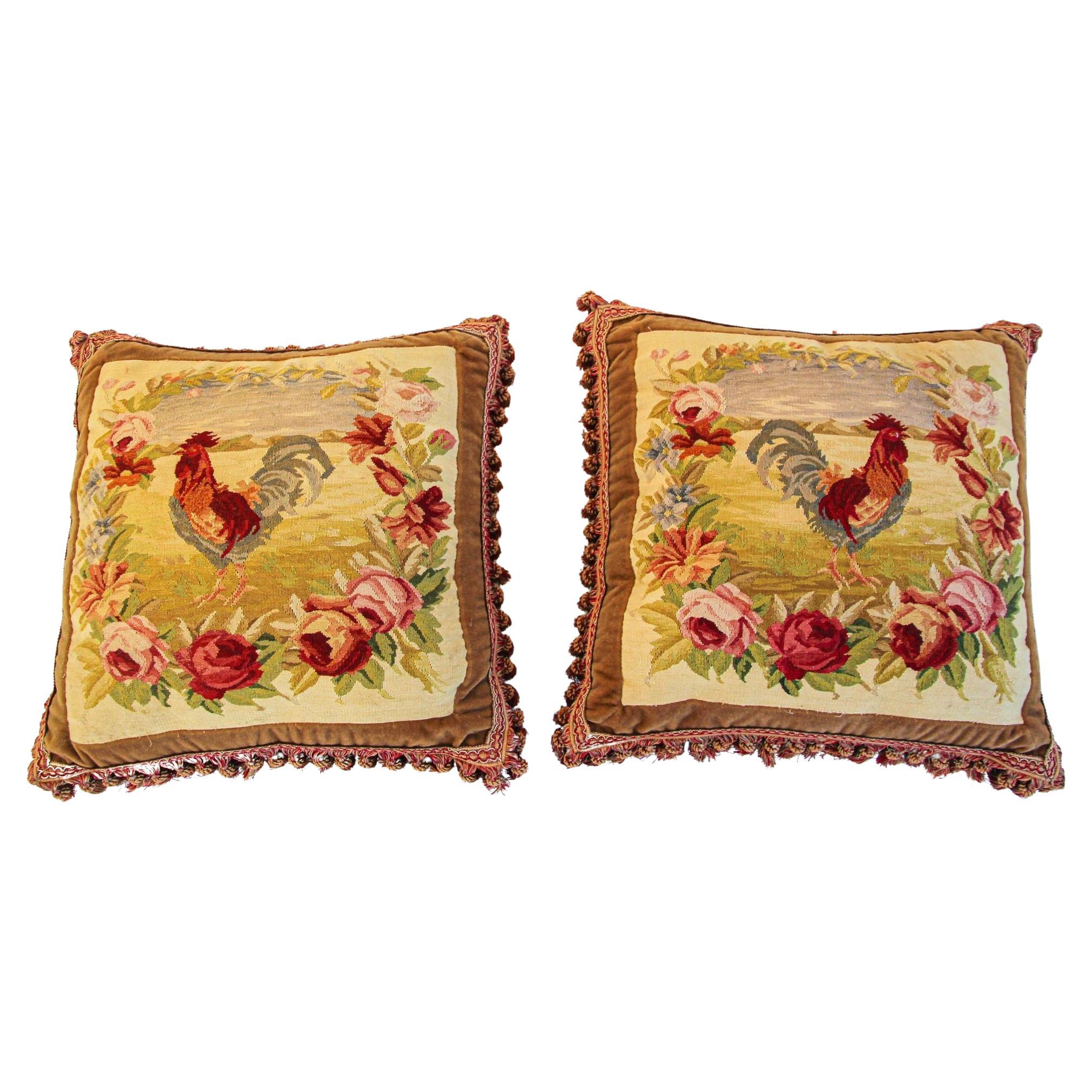 Antique Aubusson Tapestry Pillows with Rooster and Roses French Provincial