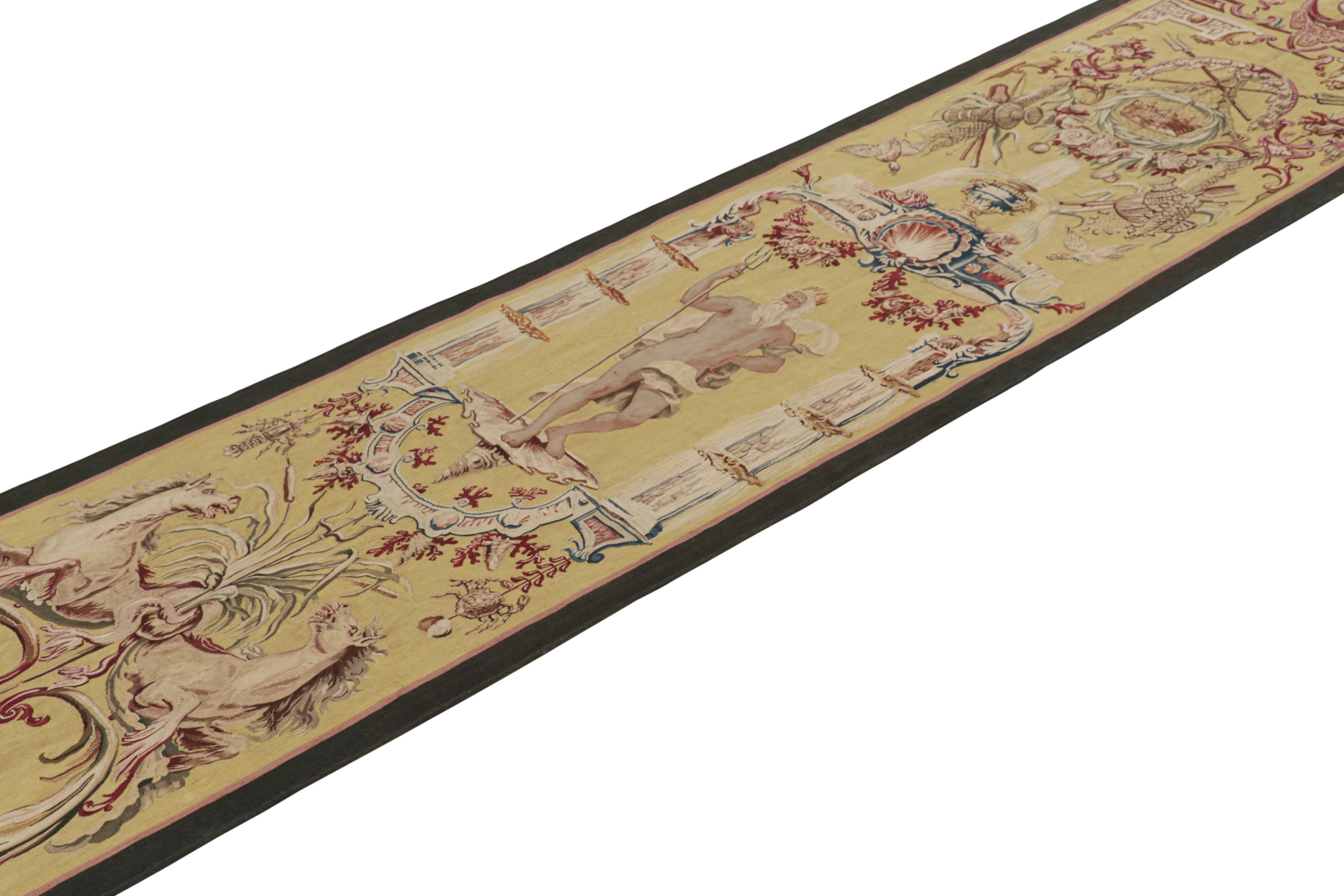 Handwoven in wool and originating from France, this 2x11 French Gobelins pictorial tapestry from the early 18th Century is a rare and special new curation from Rug & Kilim—
