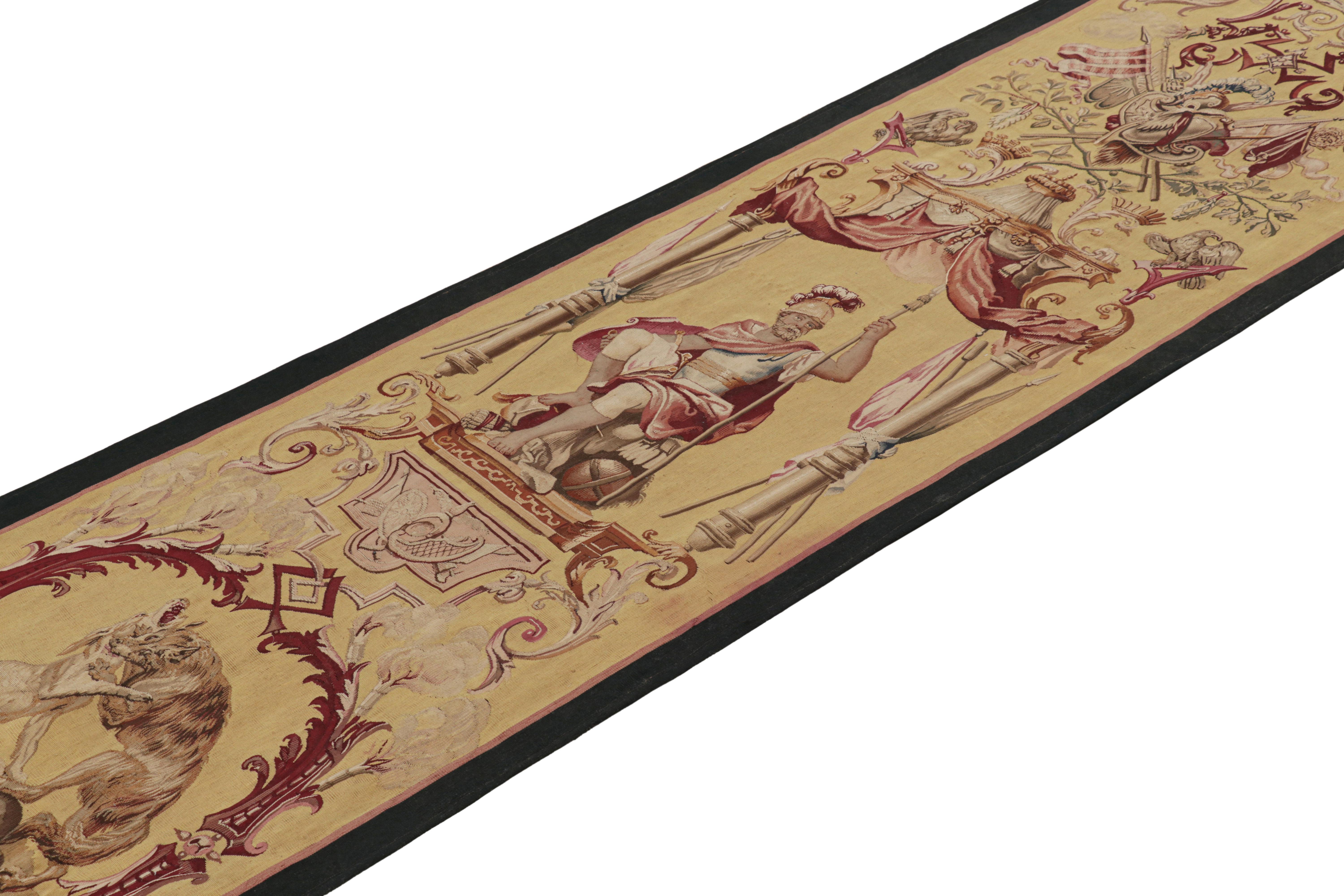 Handwoven in wool and originating from France, this 2x11 French Gobelins pictorial tapestry from the early 18th Century is a rare and special new curation from Rug & Kilim—