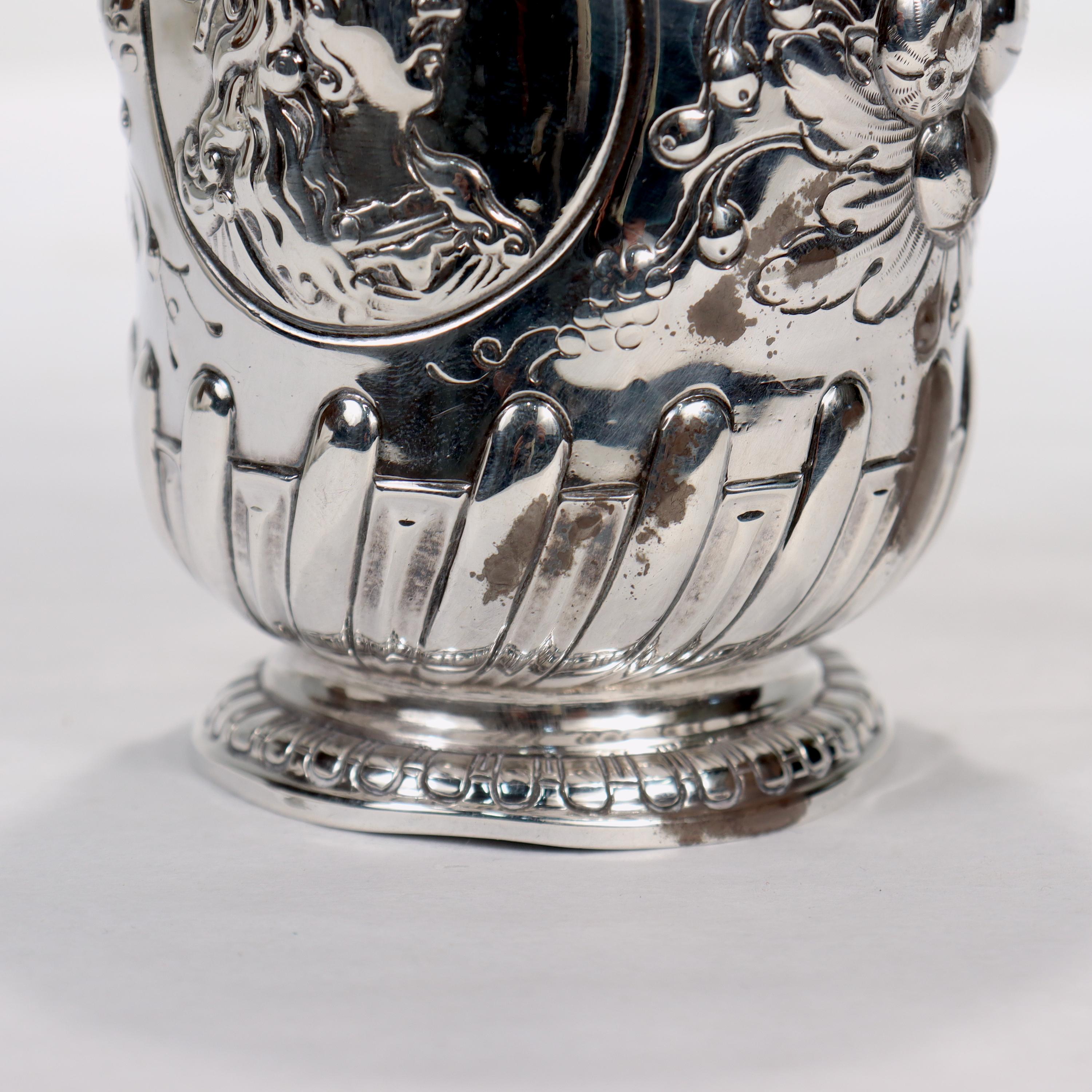 Antique Augsburg or Hanau Type German Silver Repoussé Beaker or Drinking Mug For Sale 4