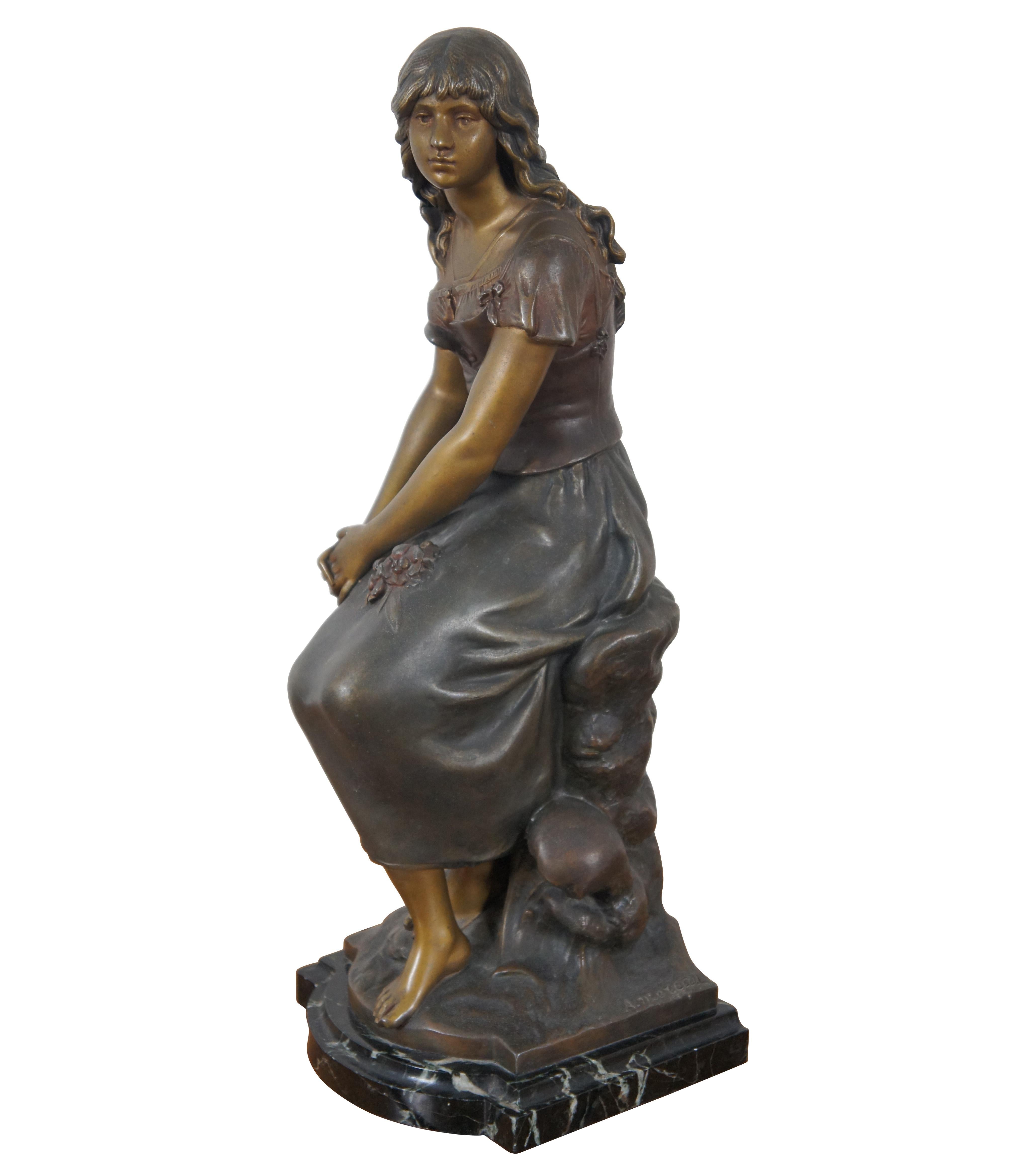 Antique bronze sculpture with beautiful patina, mounted on a black marble base, portraying the seated figure of a young woman in pastoral garb with flowers in her lap, designed by A. Moreau. Made in Paris, France.

Auguste Moreau (1834 – 1917) was