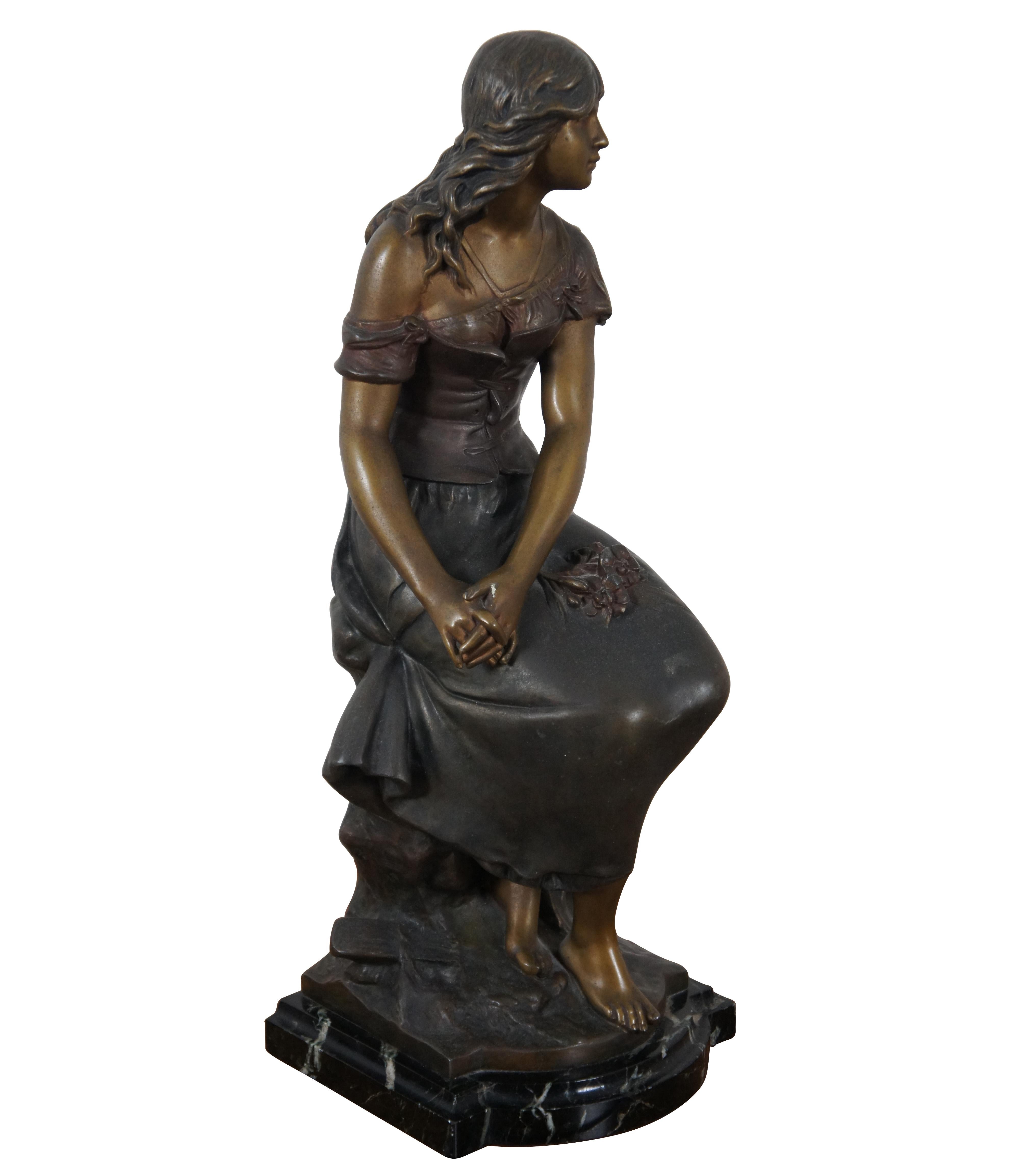 French Provincial Antique Auguste Moreau French Bronze Seated Young Woman Sculpture Paris For Sale