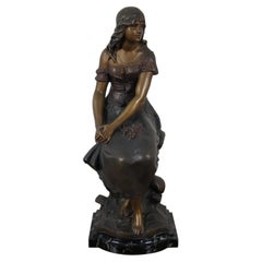 Used Auguste Moreau French Bronze Seated Young Woman Sculpture Paris