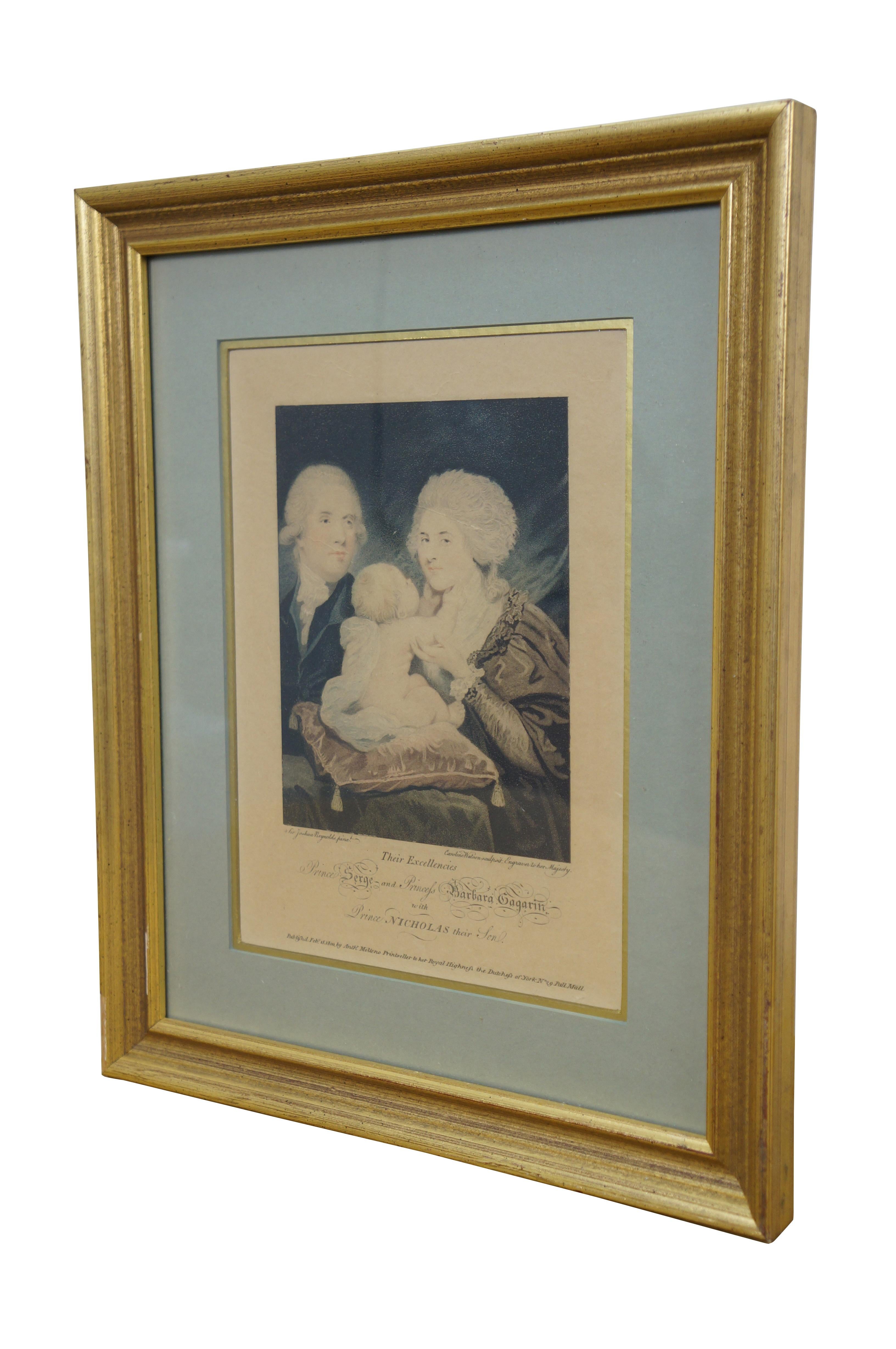 Incisione antica del 1800 circa con acquatinta e puntasecca raffigurante le Loro Eccellenze il Principe Serge (Conte Sergei Sergeyevich Gagarin) e la Principessa Barbara (Contessa Varvara Nikolaevna Gagarina) con il Principe Nicholas, loro figlio,