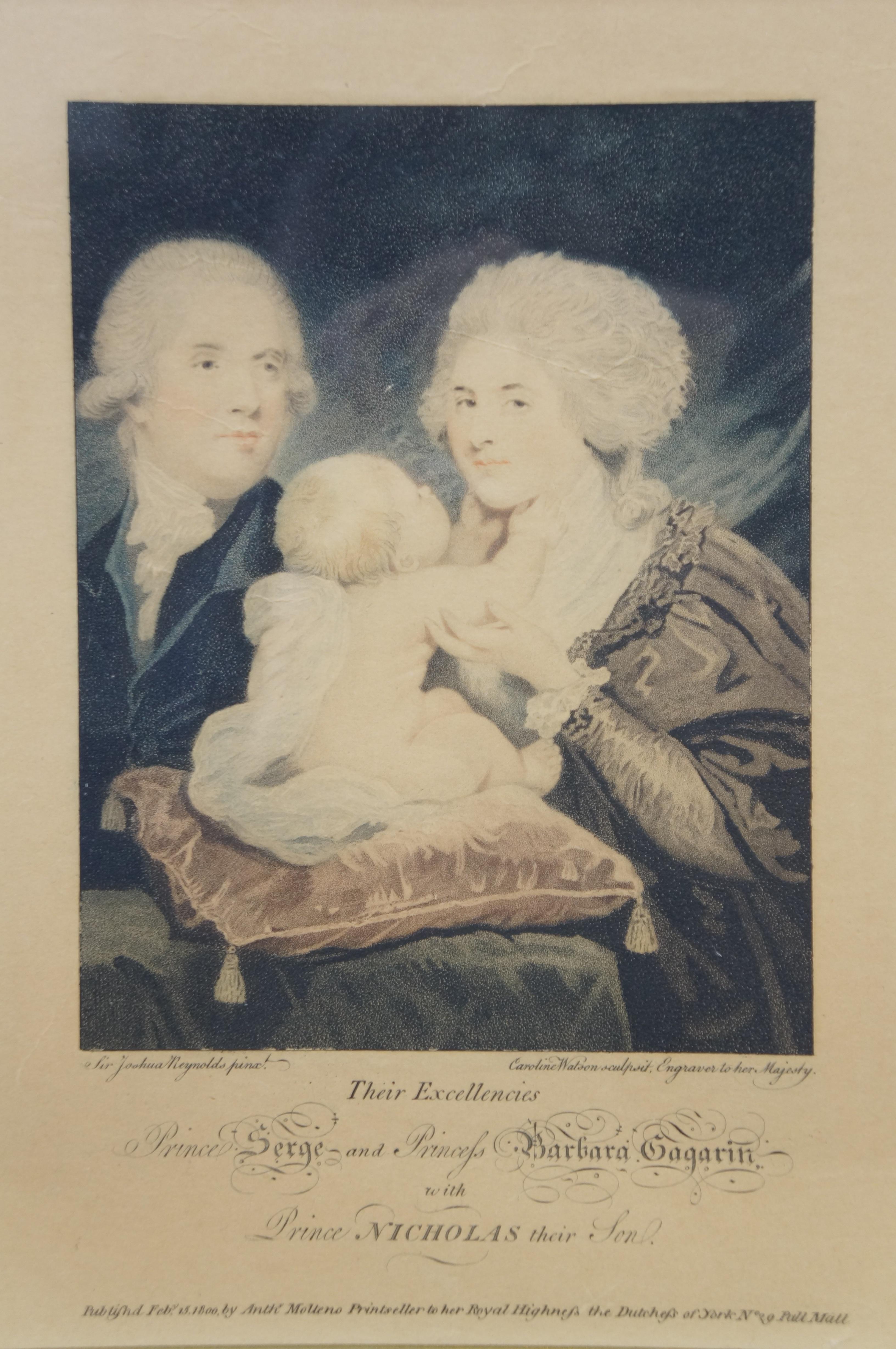 Incisione antica alla Auquatint Principe Serge Gagarin Principessa Barbara Figlio Nicholas in vendita 1