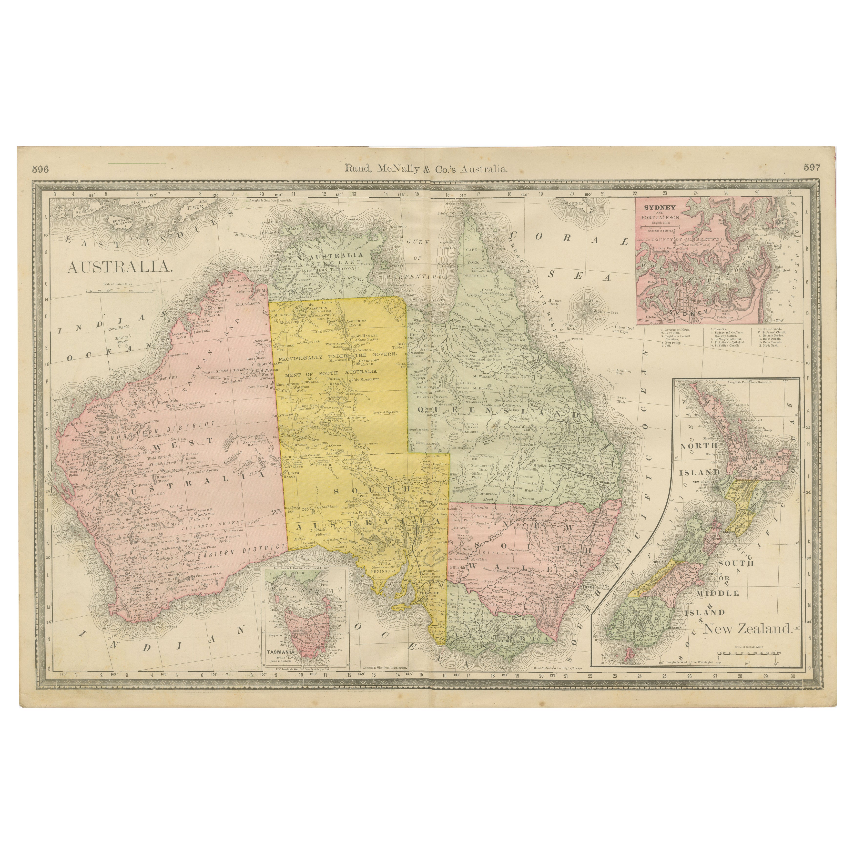 Mapa antiguo de Australia y Nueva Zelanda - Atlas Rand McNally, c.1888 en venta