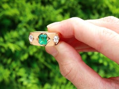 Antique Unisex Emerald and Diamond Band in 18k Yellow Gold