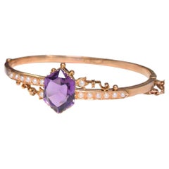 Antique Australian 15ct Rose Gold Amethyst And Seed Pearl Bangle - Thomas Gaunt