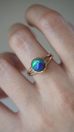 Antique Australian Black Opal Ring 14k Gold Round Bezel Set Split Shank 6 / L.5