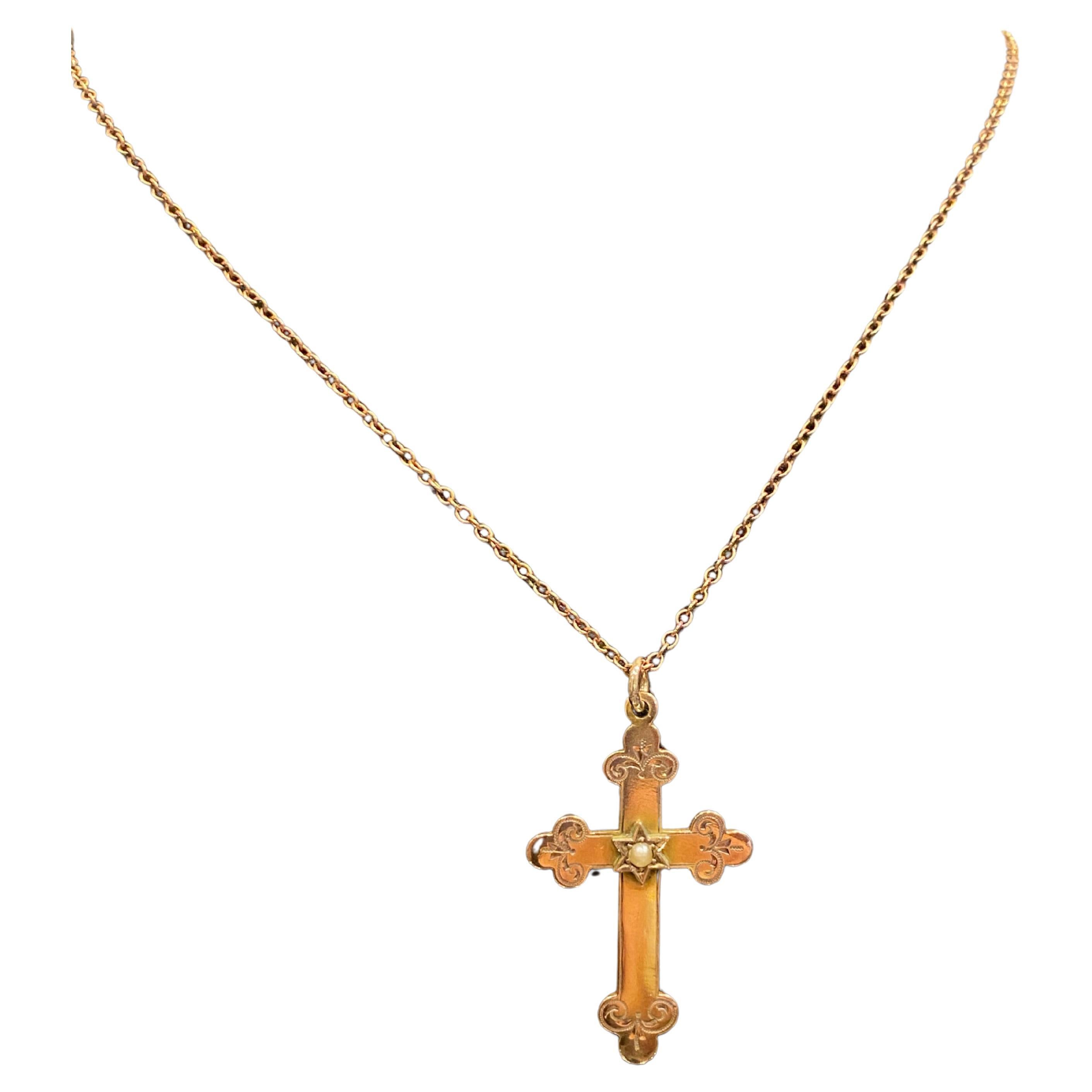 An Antique, circa 1900's Australian made 
Eastern Orthodox Cruciform Pendant / Cross / Crucifix, 
custom made, bespoke 
beautifully engraved & designed in Fleur De Lis motif 

Meticulously crafted in 9K Yellow Gold, 
Centering an intricate