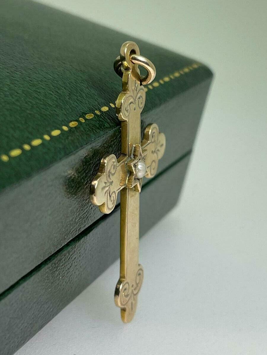 Round Cut Antique Australian Gold & Seed Pearl Fleur de Lis Cross Pendant by Willis & Sons For Sale