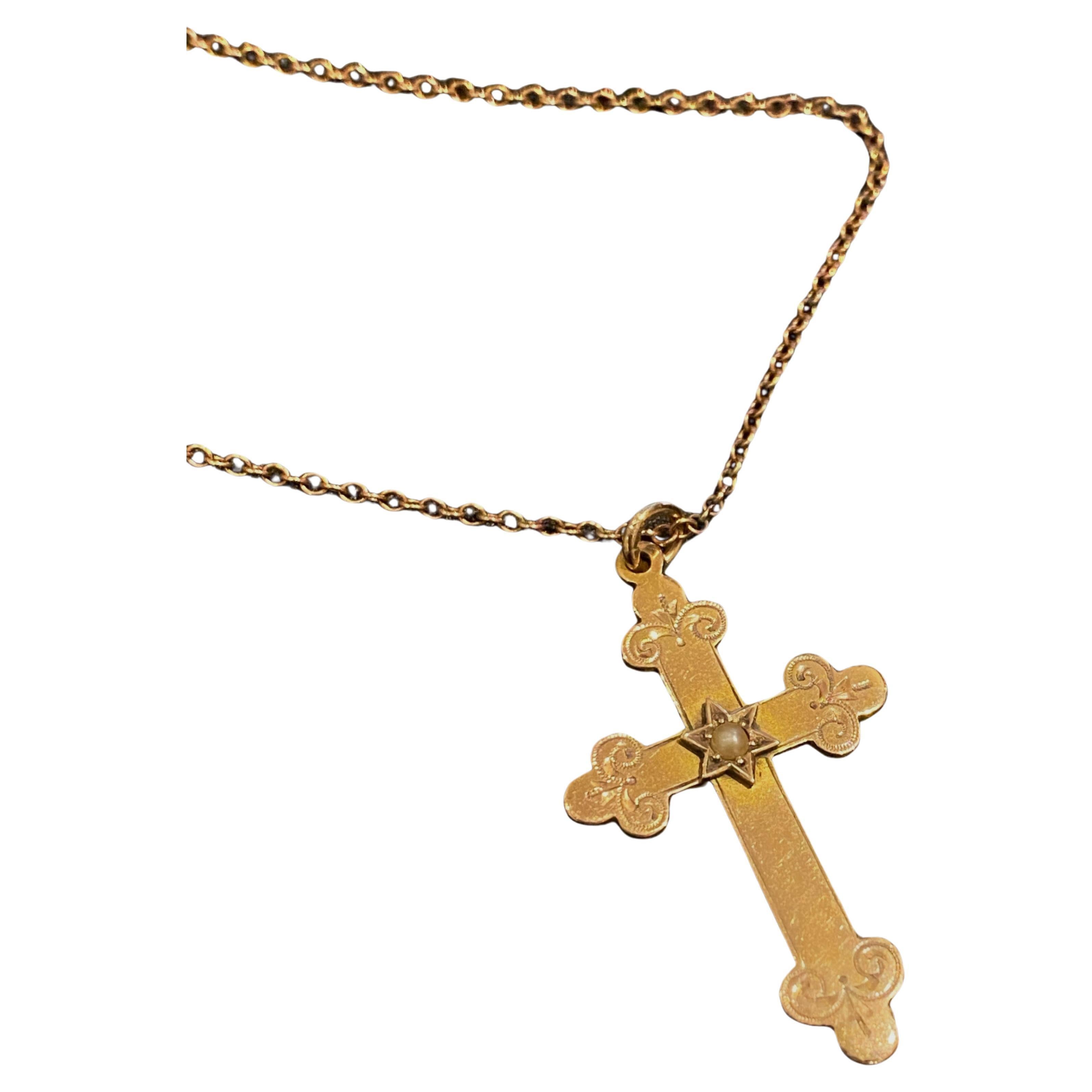 Antique Australian Gold & Seed Pearl Fleur de Lis Cross Pendant by Willis & Sons For Sale