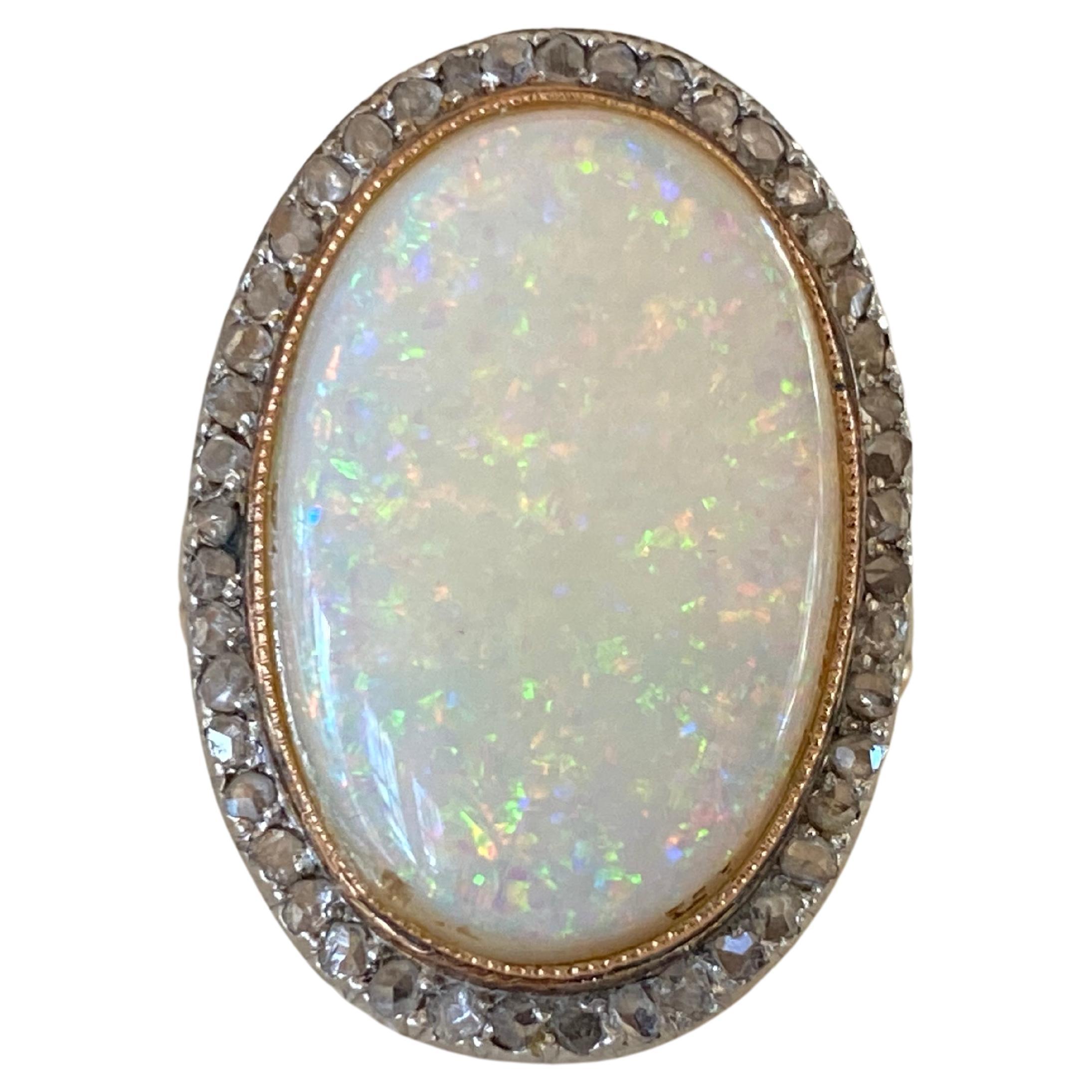 Antique Australian Opal and Rose-Cut Diamond Cocktail Ring
