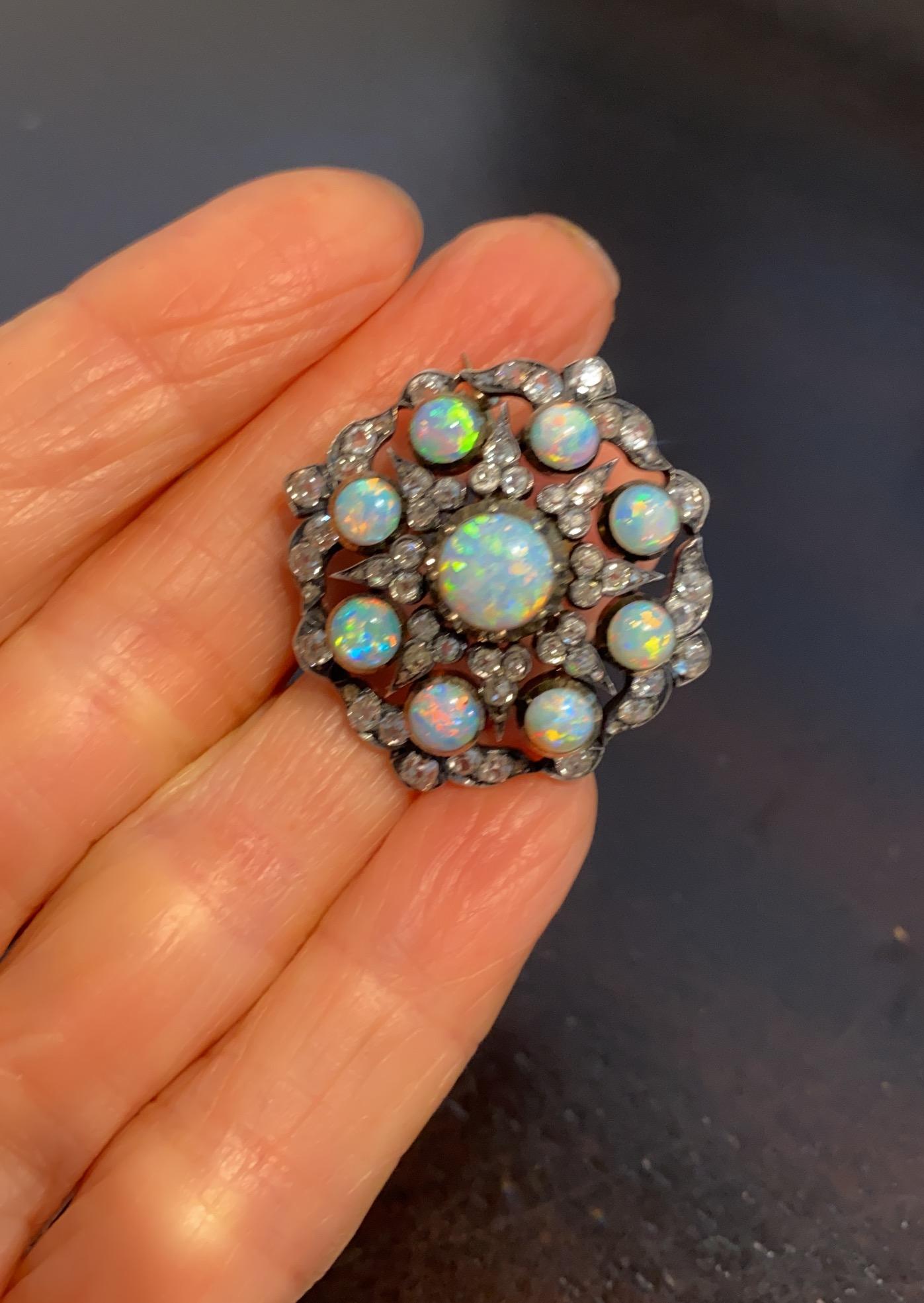 Antique Australian Opal & Old Cut Diamond Brooch For Sale 2