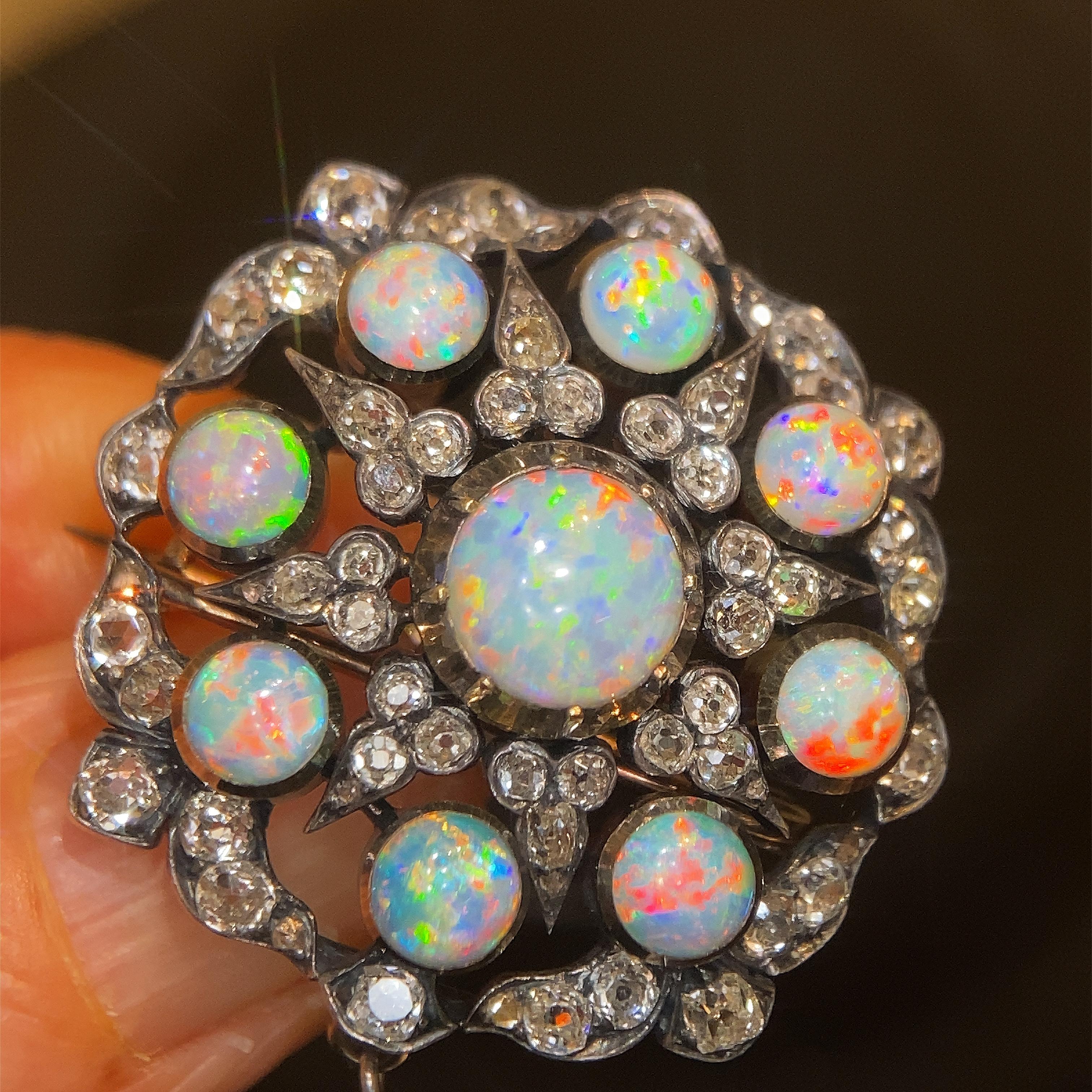 Antique Australian Opal & Old Cut Diamond Brooch For Sale 3