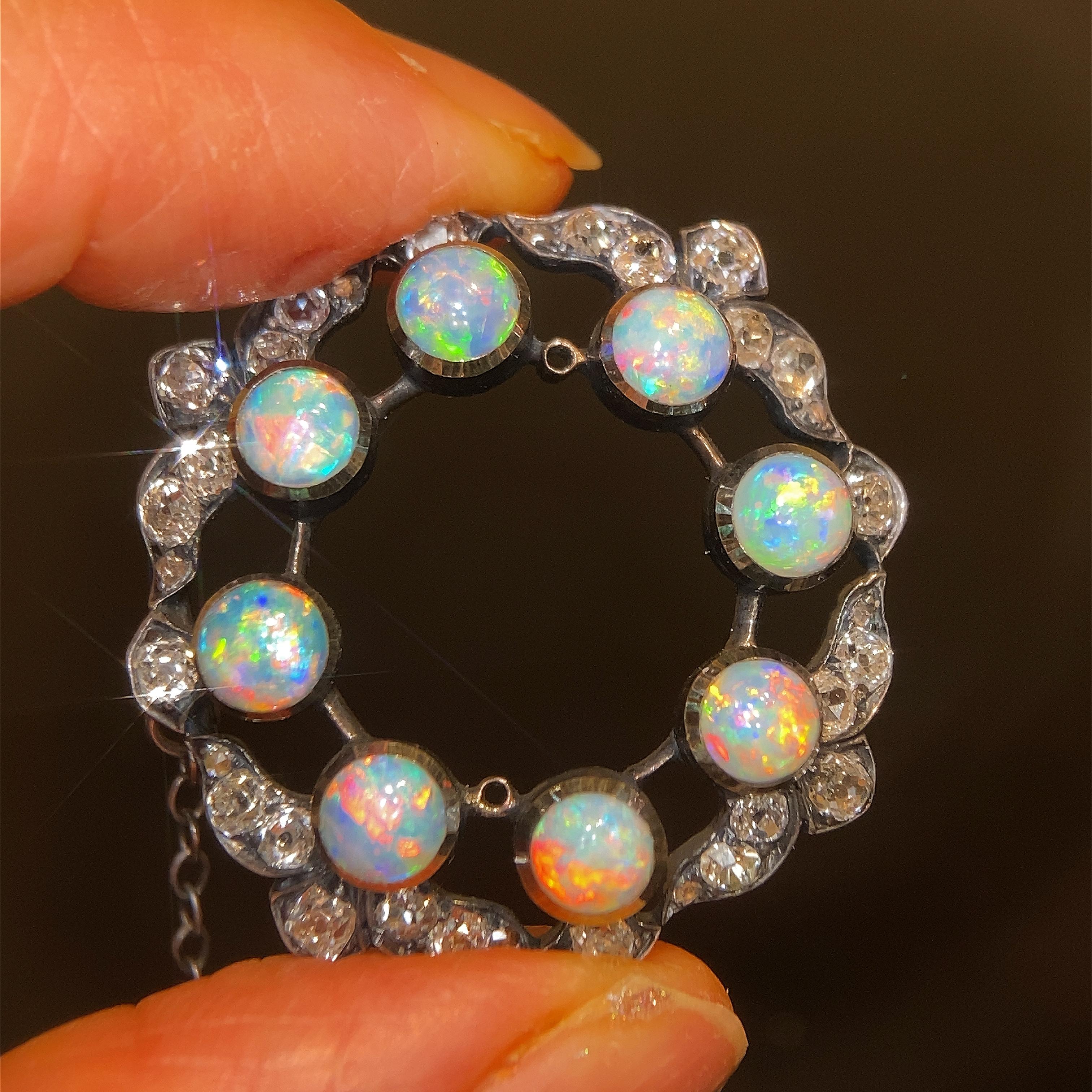 Antique Australian Opal & Old Cut Diamond Brooch For Sale 4