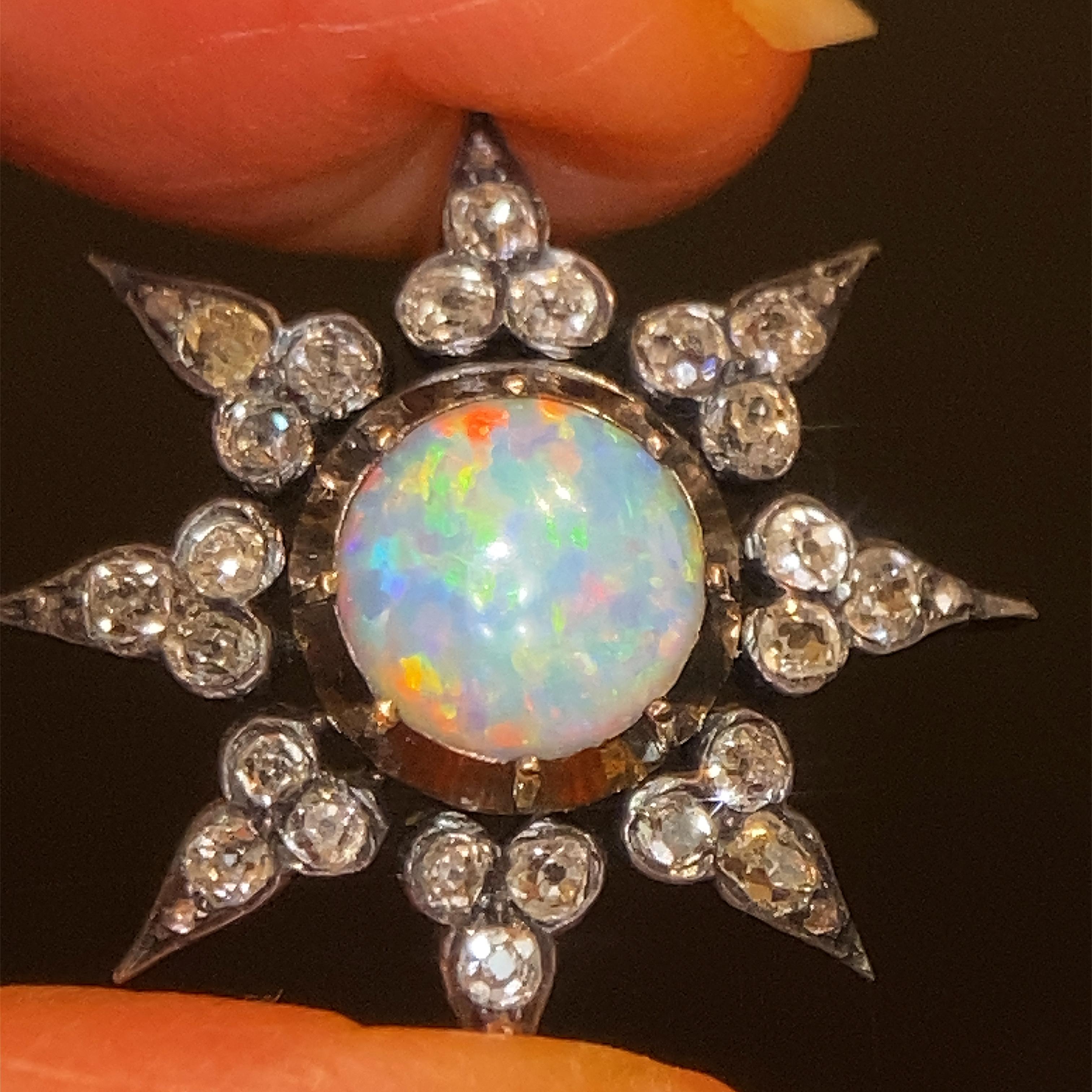 Antique Australian Opal & Old Cut Diamond Brooch For Sale 5