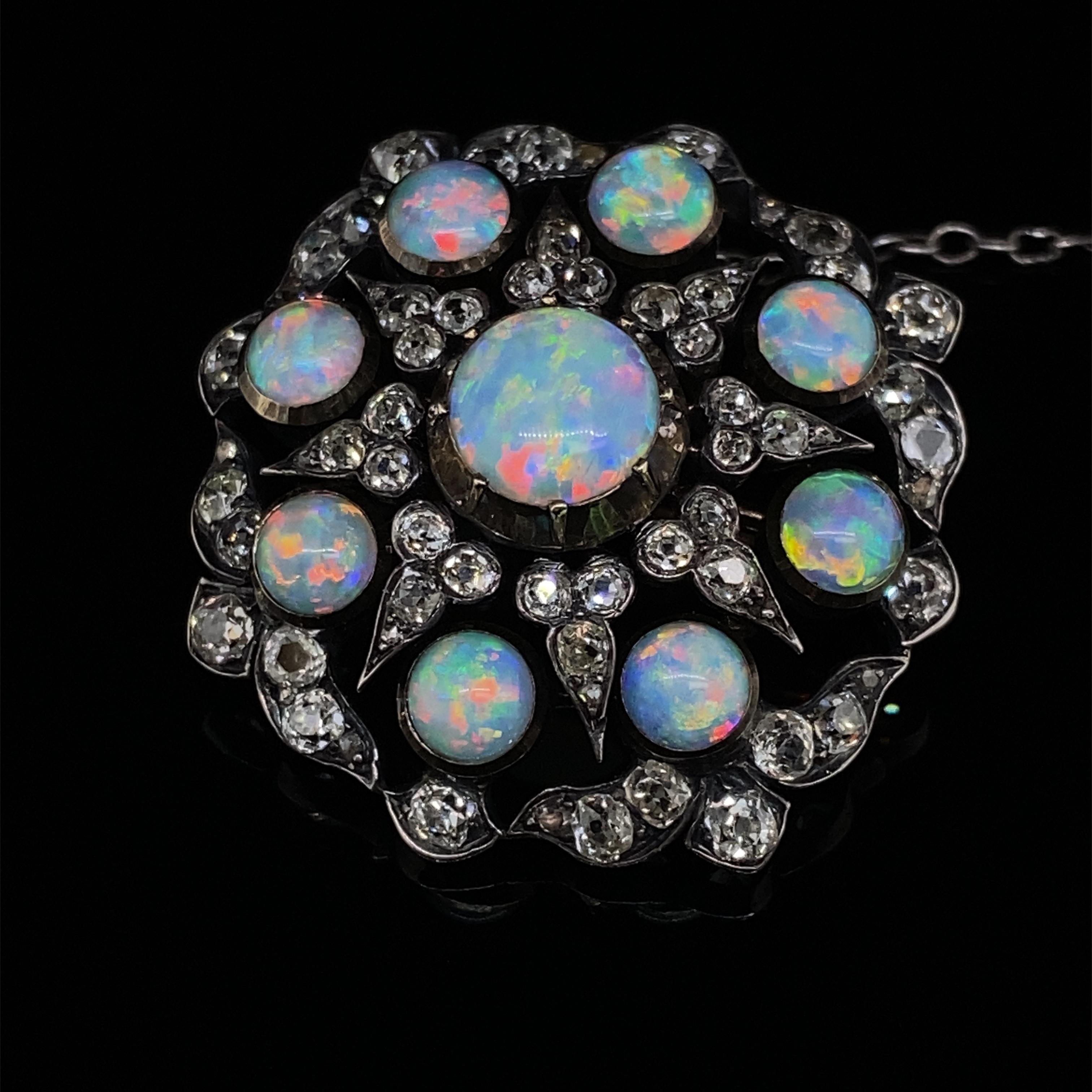 Victorian Antique Australian Opal & Old Cut Diamond Brooch For Sale