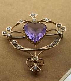Antique Australian Willis & Sons Amethyst Seed Pearl 9K Gold Brooch/Pendant