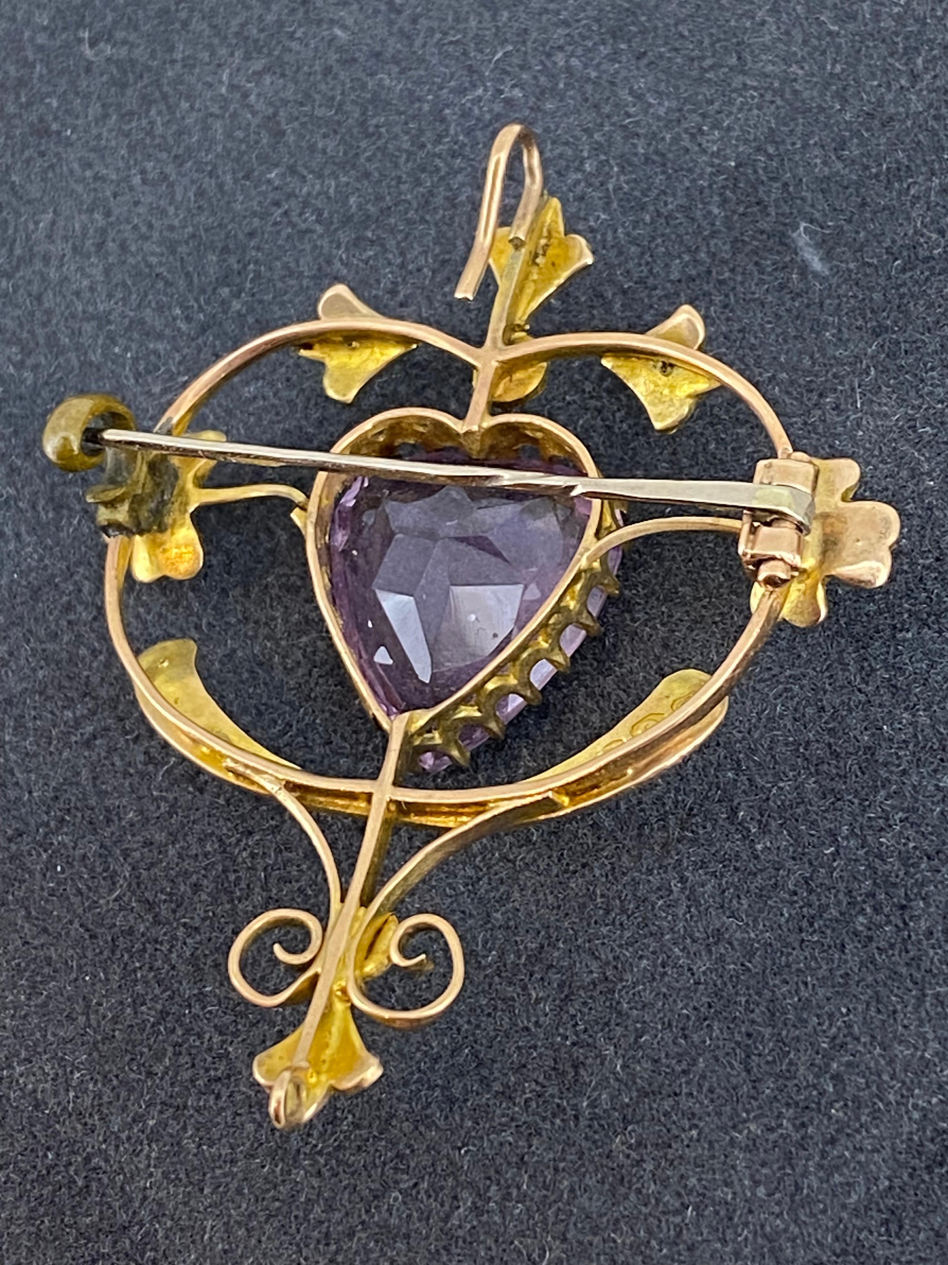 Heart Cut Antique Australian Willis & Sons Amethyst Seed Pearl 9K Gold Brooch/Pendant For Sale