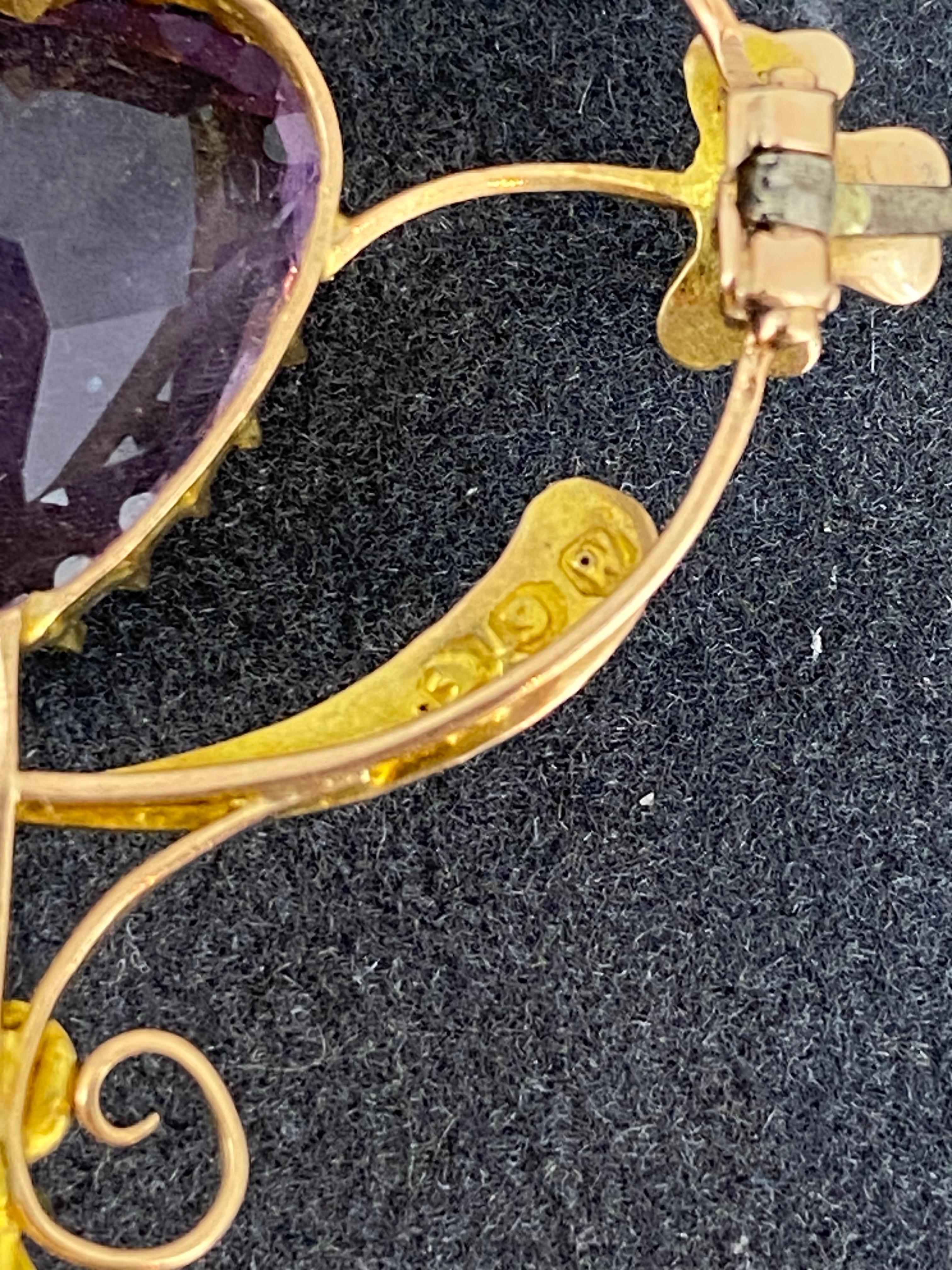 Women's Antique Australian Willis & Sons Amethyst Seed Pearl 9K Gold Brooch/Pendant For Sale