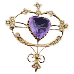 Antique Australian Willis & Sons Amethyst Seed Pearl 9K Gold Brooch/Pendant