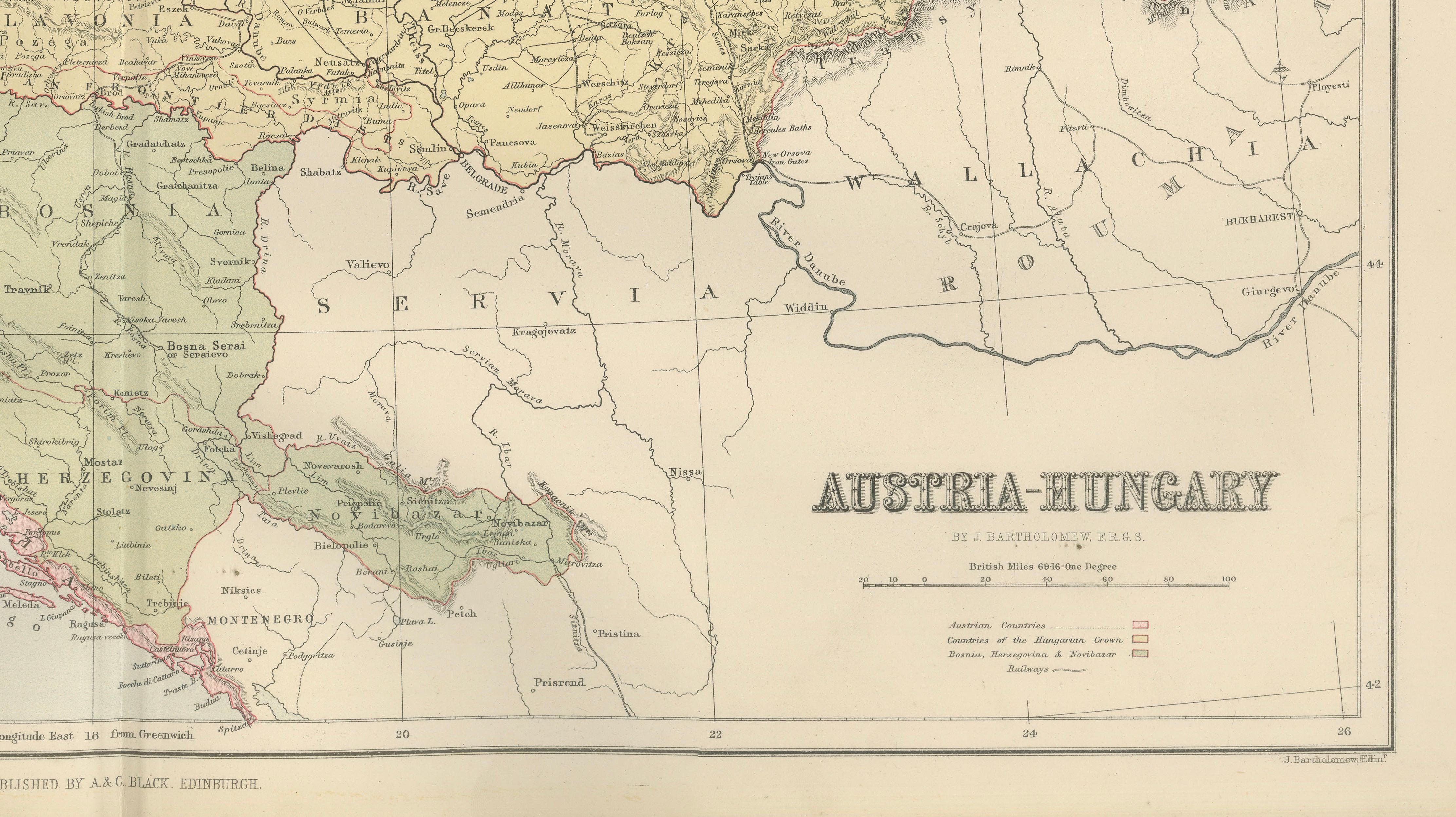 Antique Austria-Hungary Map, Austro-Hungarian Empire, Bartholomew, 1884