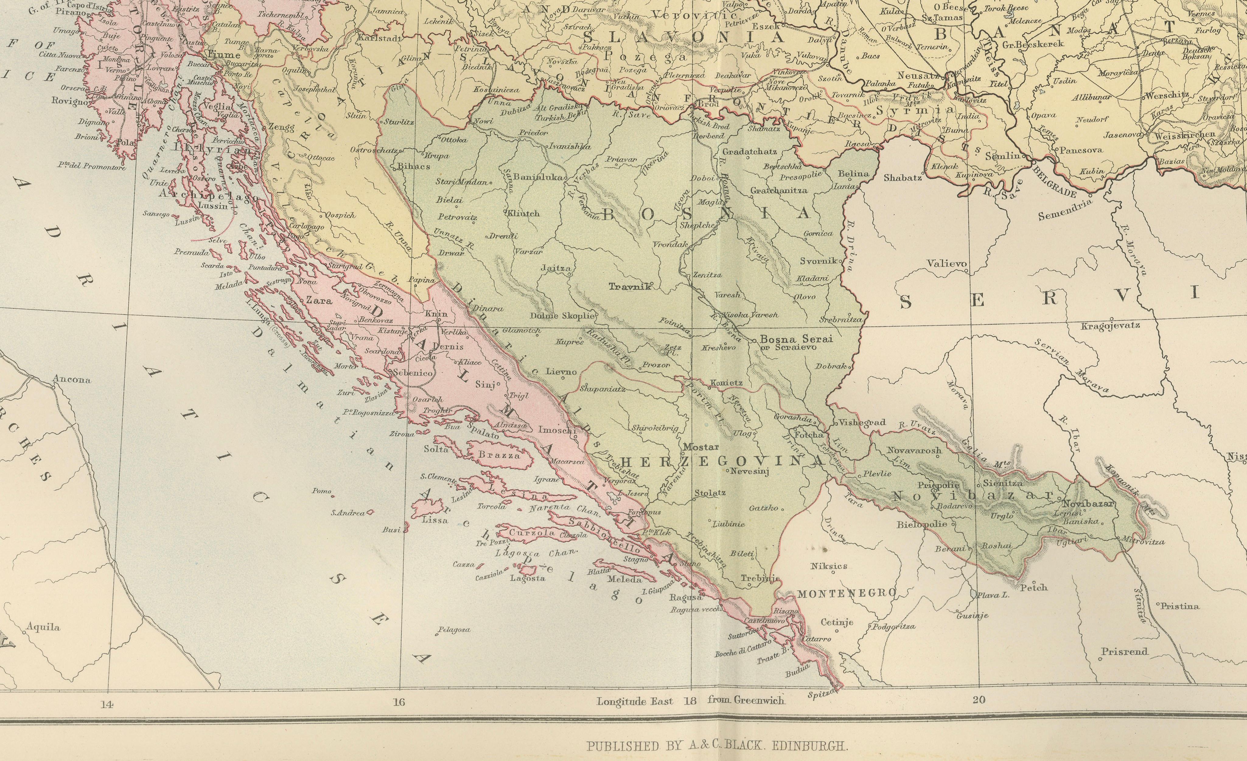 Antique Austria-Hungary Map, Austro-Hungarian Empire, Bartholomew, 1884