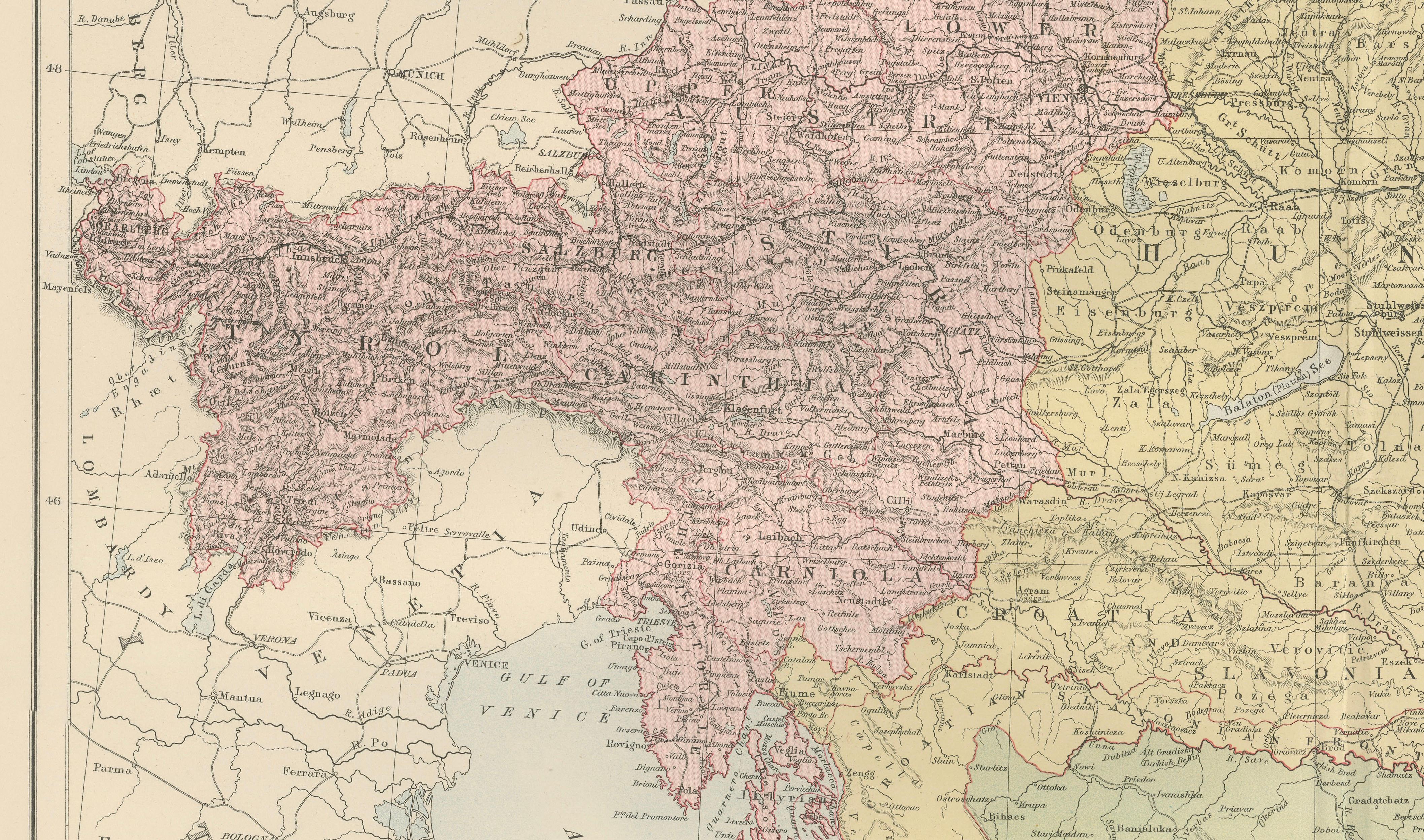 Antique Austria-Hungary Map, Austro-Hungarian Empire, Bartholomew, 1884