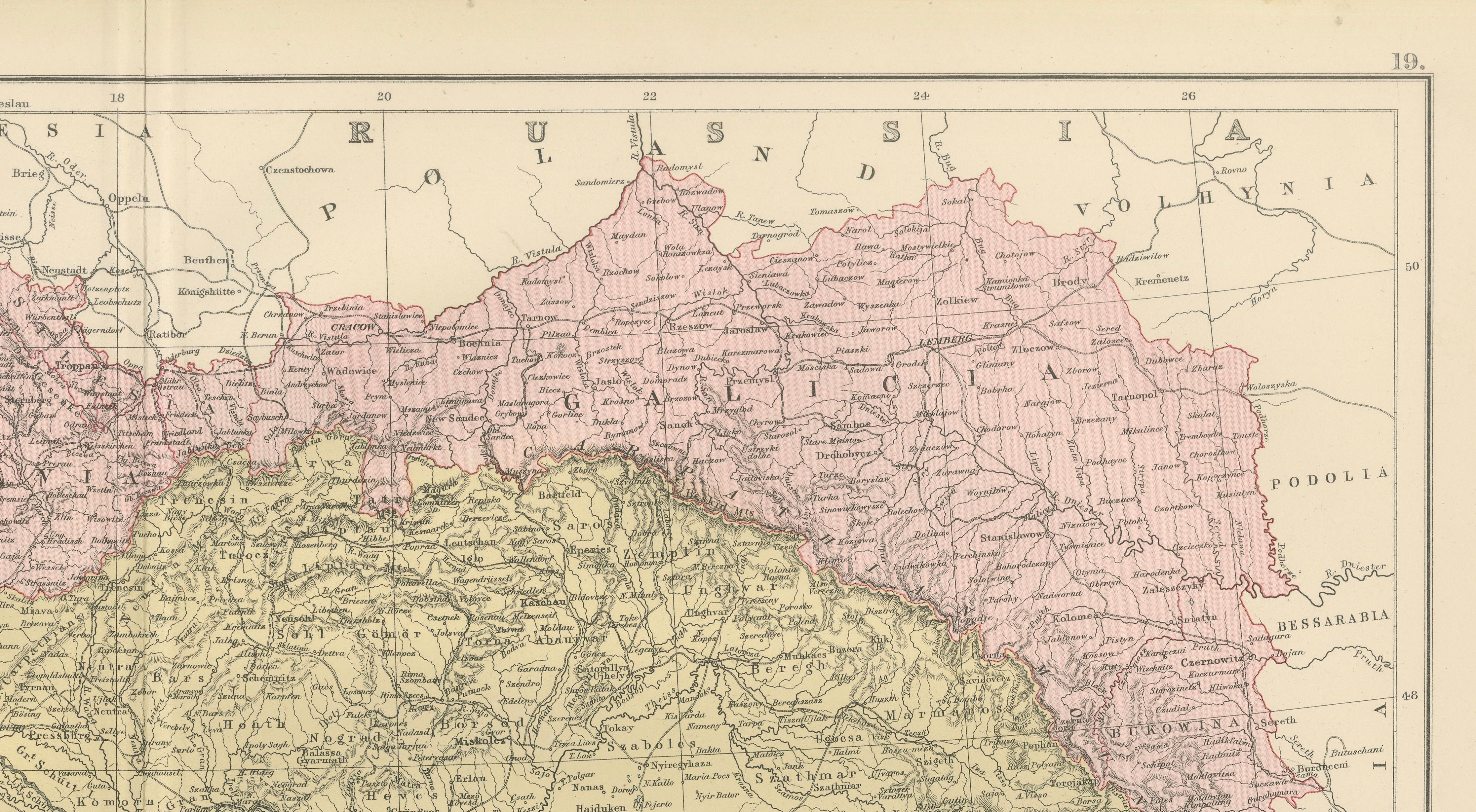 Antique Austria-Hungary Map, Austro-Hungarian Empire, Bartholomew, 1884
