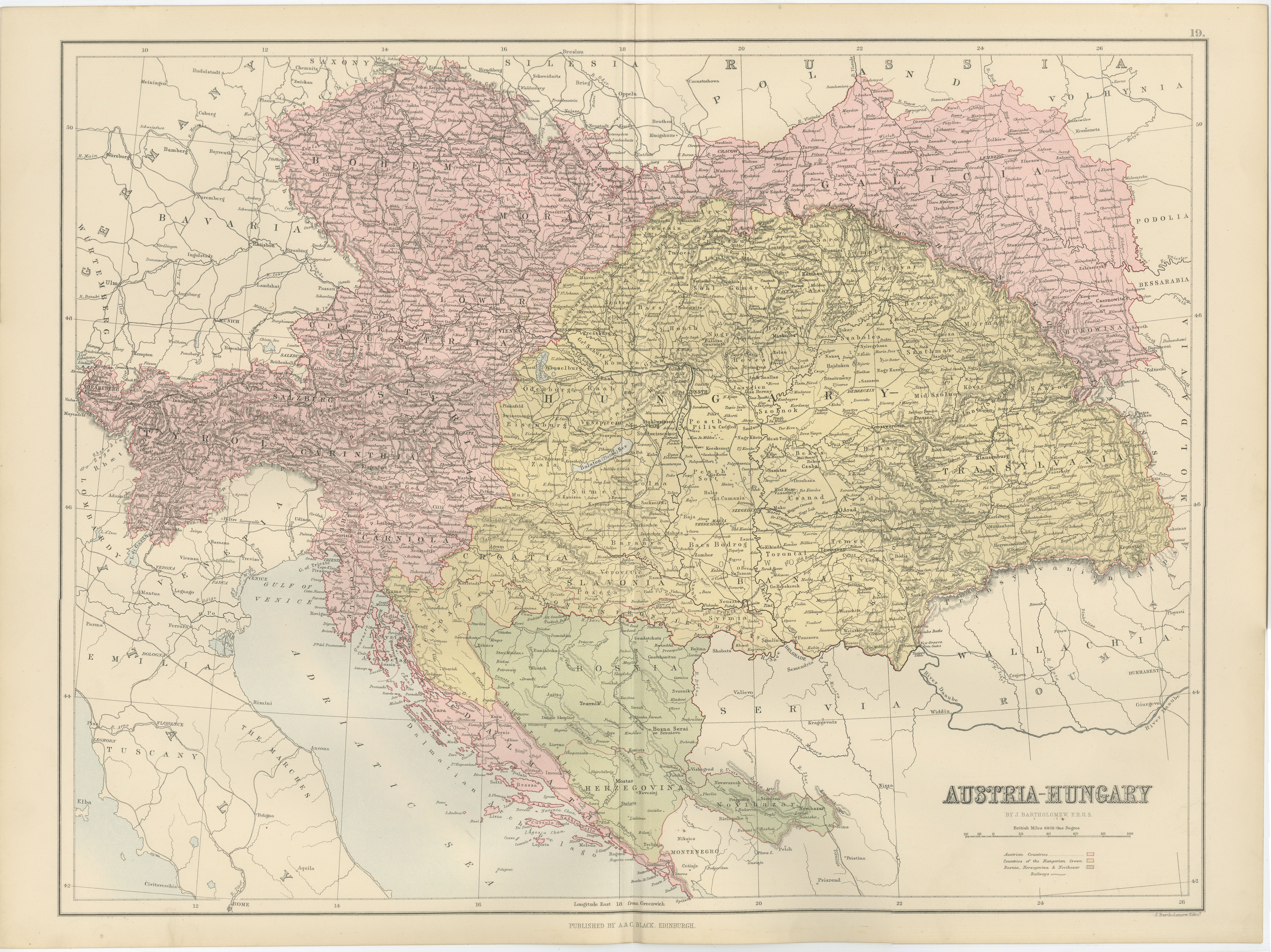 Antique Austria-Hungary Map, Austro-Hungarian Empire, Bartholomew, 1884