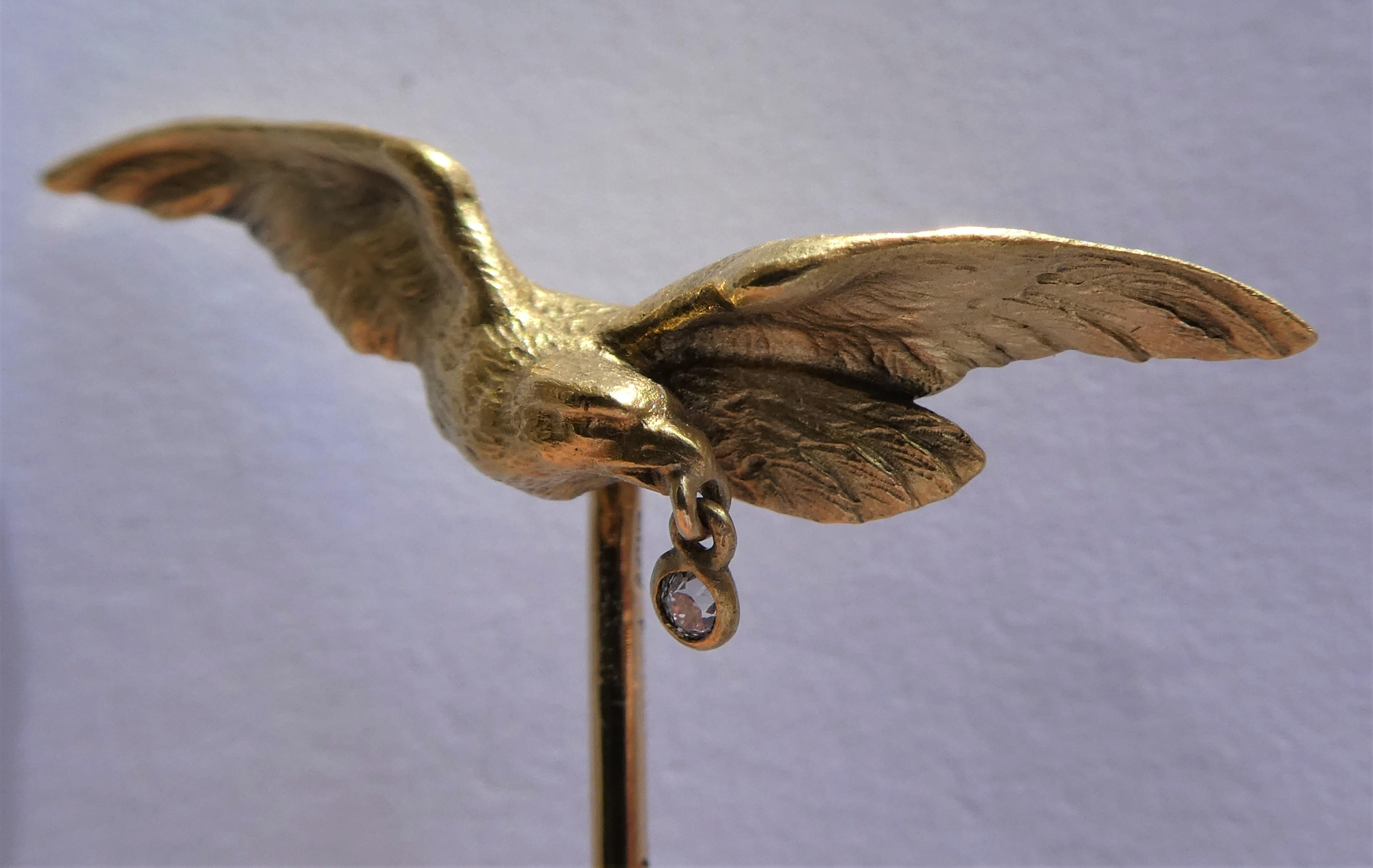 Women's or Men's Antique Austrian 14 Karat Brushed Yellow Gold Diamond Art Nouveau Eagle Stickpin For Sale