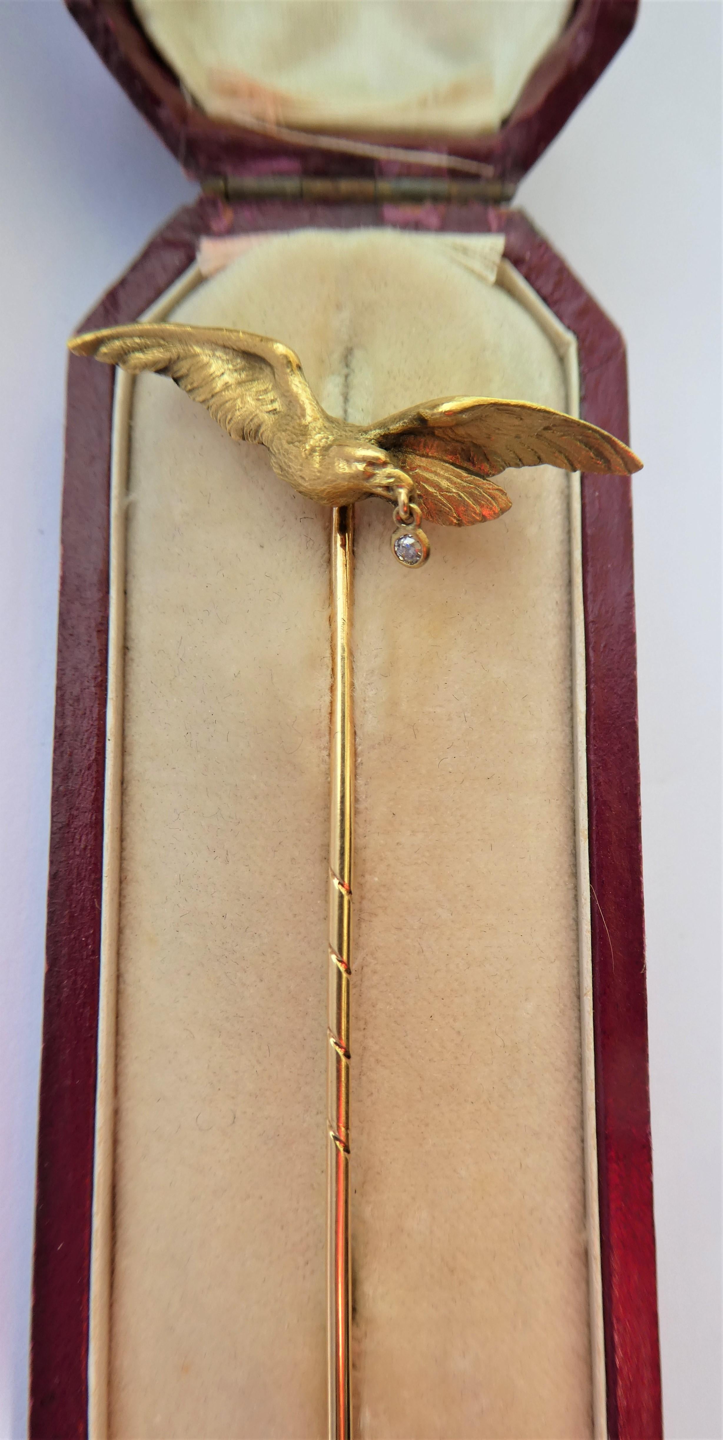 Antique Austrian 14 Karat Brushed Yellow Gold Diamond Art Nouveau Eagle Stickpin For Sale 3