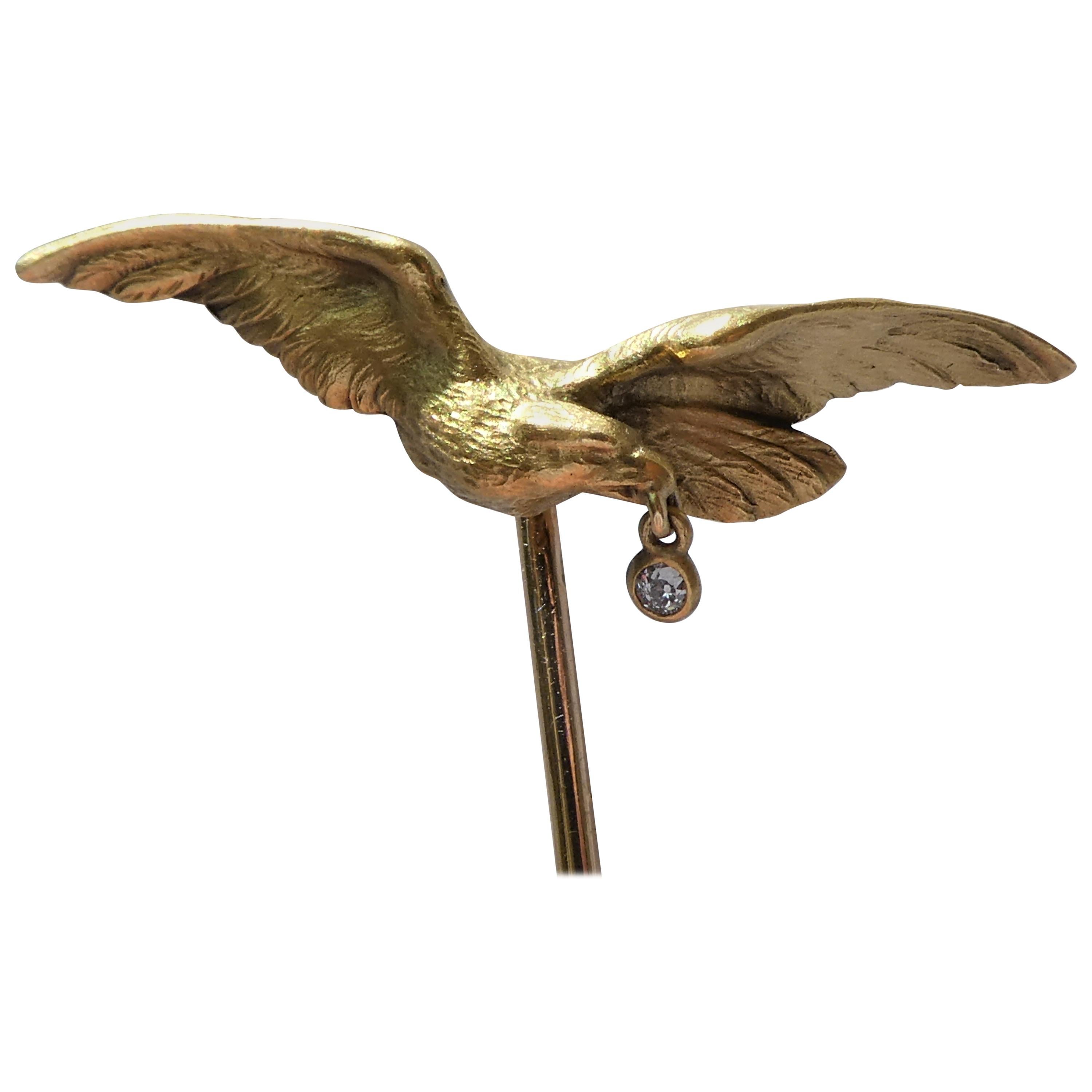 Antique Austrian 14 Karat Brushed Yellow Gold Diamond Art Nouveau Eagle Stickpin For Sale