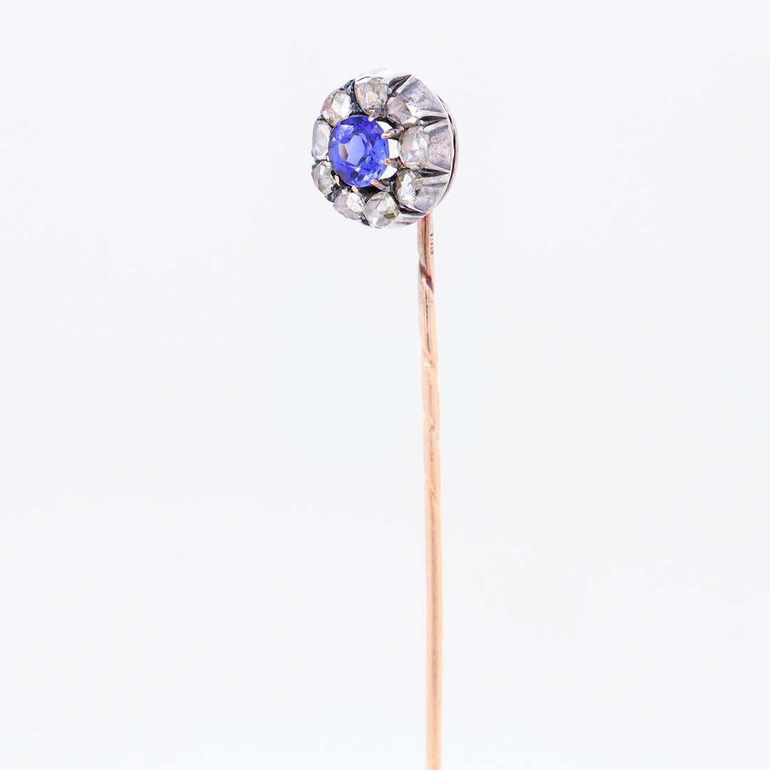 Antique Austrian 14k Rose Gold, Synthetic Sapphire, & Rose Cut Diamond Stick Pin In Good Condition For Sale In Philadelphia, PA