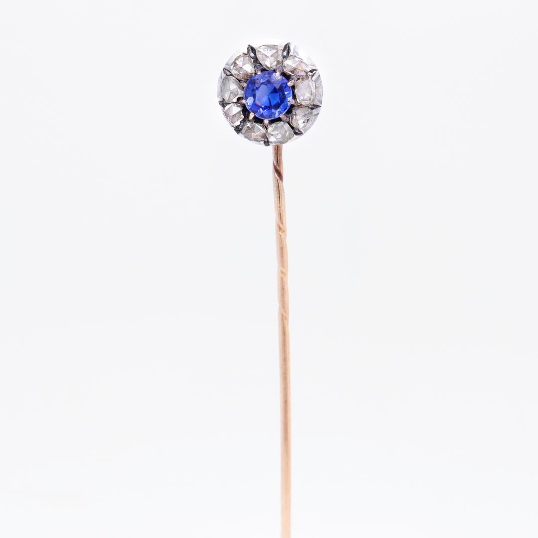 Women's or Men's Antique Austrian 14k Rose Gold, Synthetic Sapphire, & Rose Cut Diamond Stick Pin For Sale