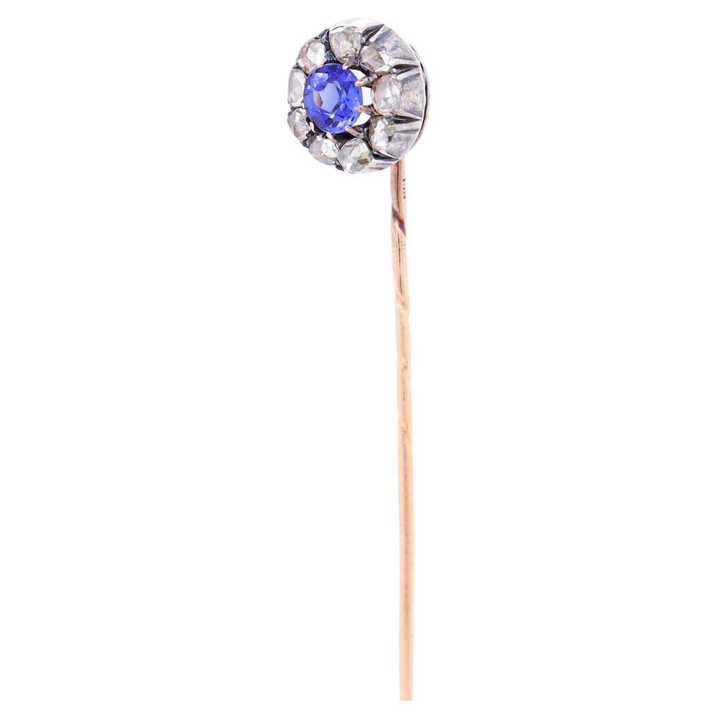 Antique Austrian 14k Rose Gold, Synthetic Sapphire, & Rose Cut Diamond Stick Pin