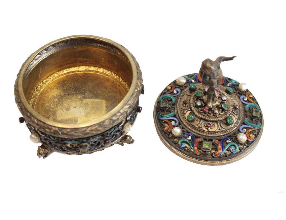 European Antique Austrian 800 Silver Enamel and Gem Encrusted Figural Box, Emerald Pearls For Sale