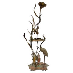 Antique Austrian Aesthetic Cold-Painted Floor Lamp with Heron