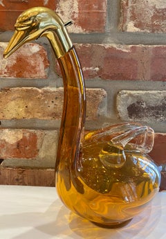 Antique Austrian Amber Glass Swan Decanter with Brass Hardware, circa 1900