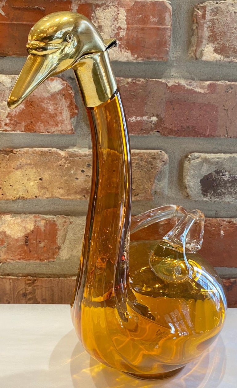 Antique Austrian Amber Glass Swan Decanter with Brass Hardware, circa 1900 For Sale at 1stDibs