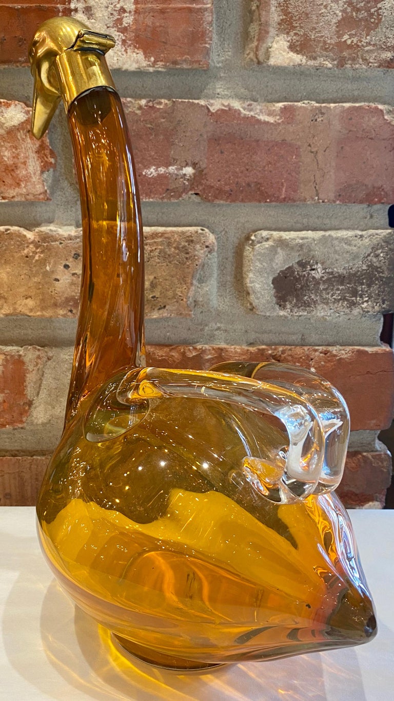 Antique Austrian Amber Glass Swan Decanter with Brass Hardware, circa 1900 For Sale at 1stDibs